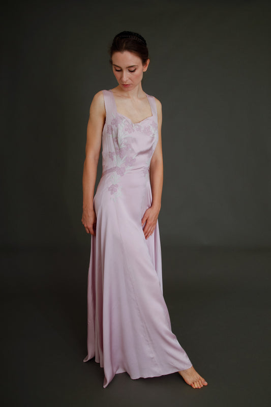 1930 Silk Satin Gown with Ebroidered Flowers