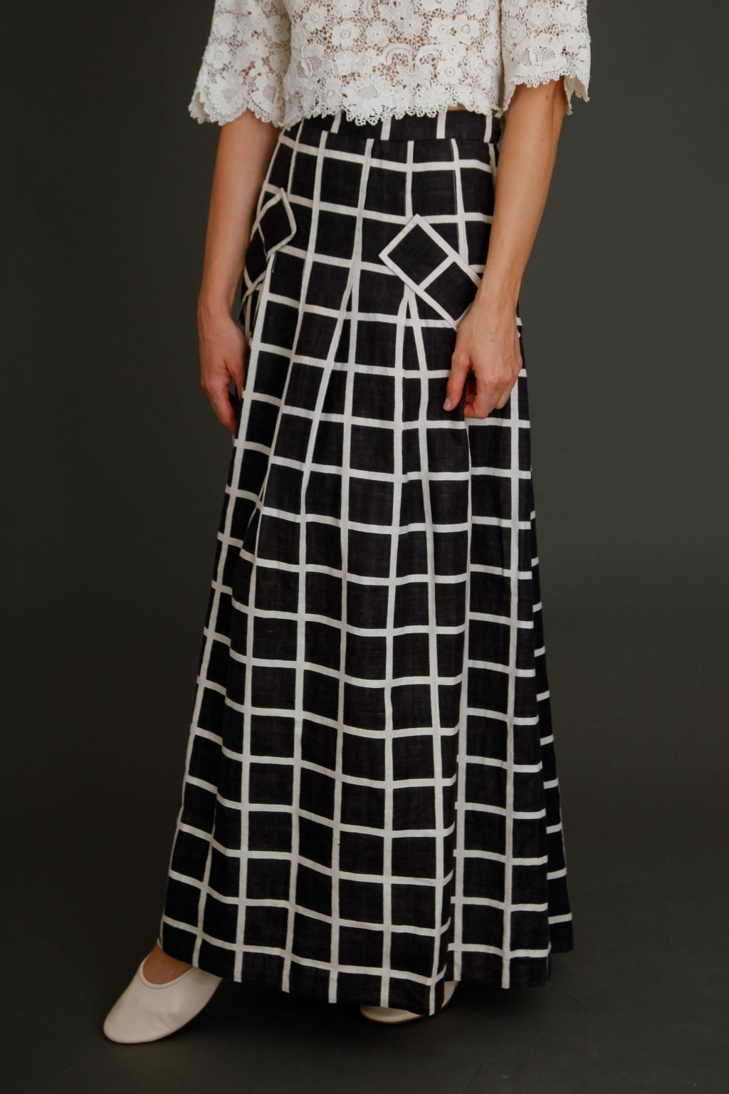 80s Linen Checked Black and White Skirt