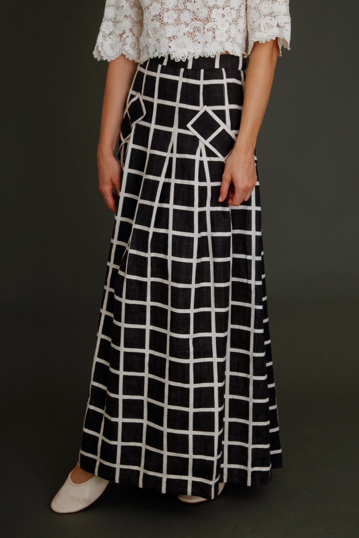 80s Linen Checked Black and White Skirt