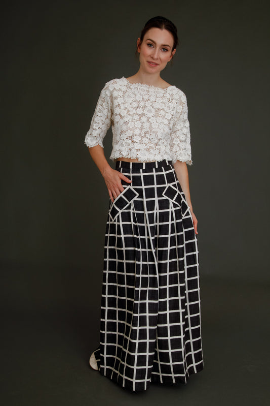 80s Linen Checked Black and White Skirt