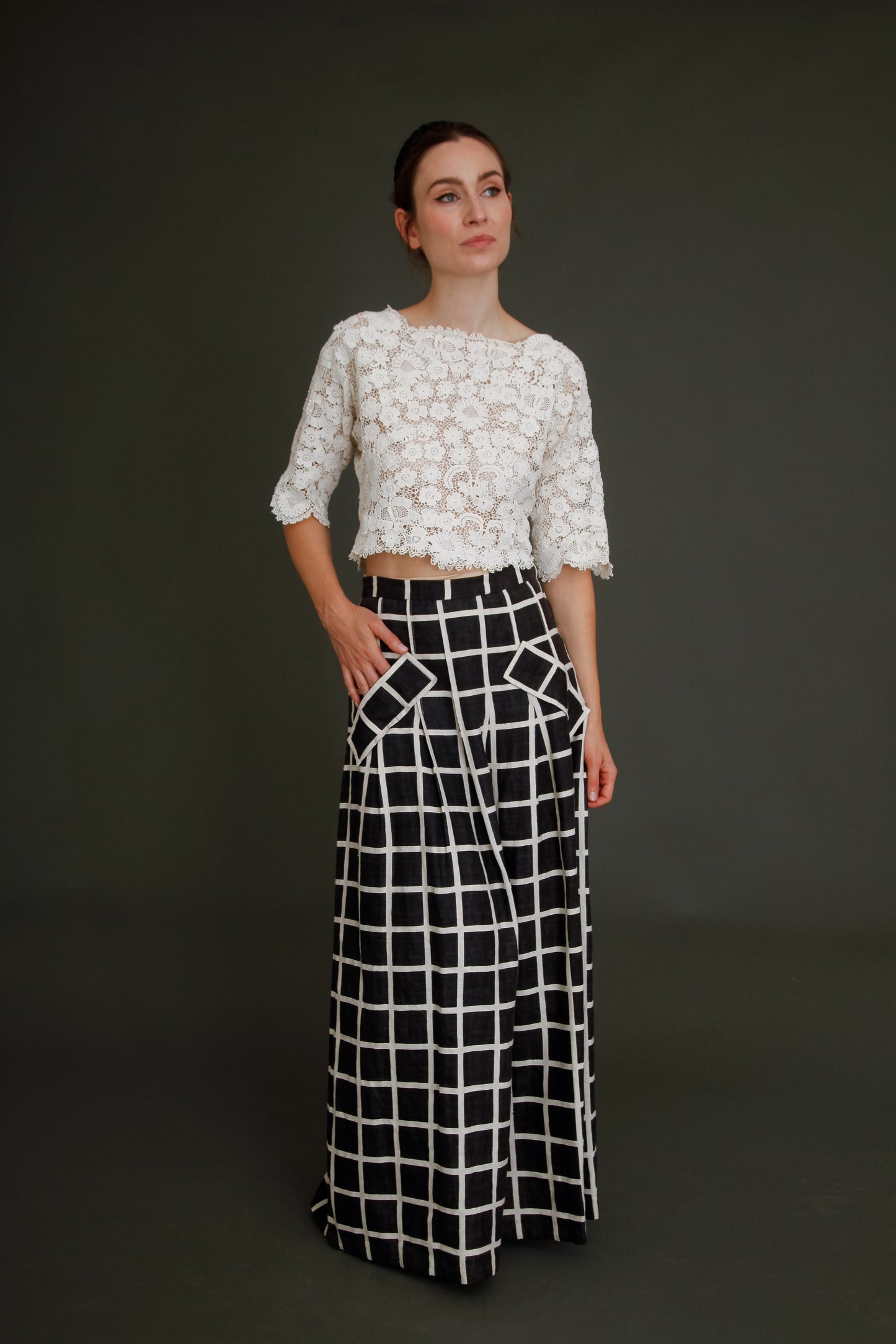 80s Linen Checked Black and White Skirt