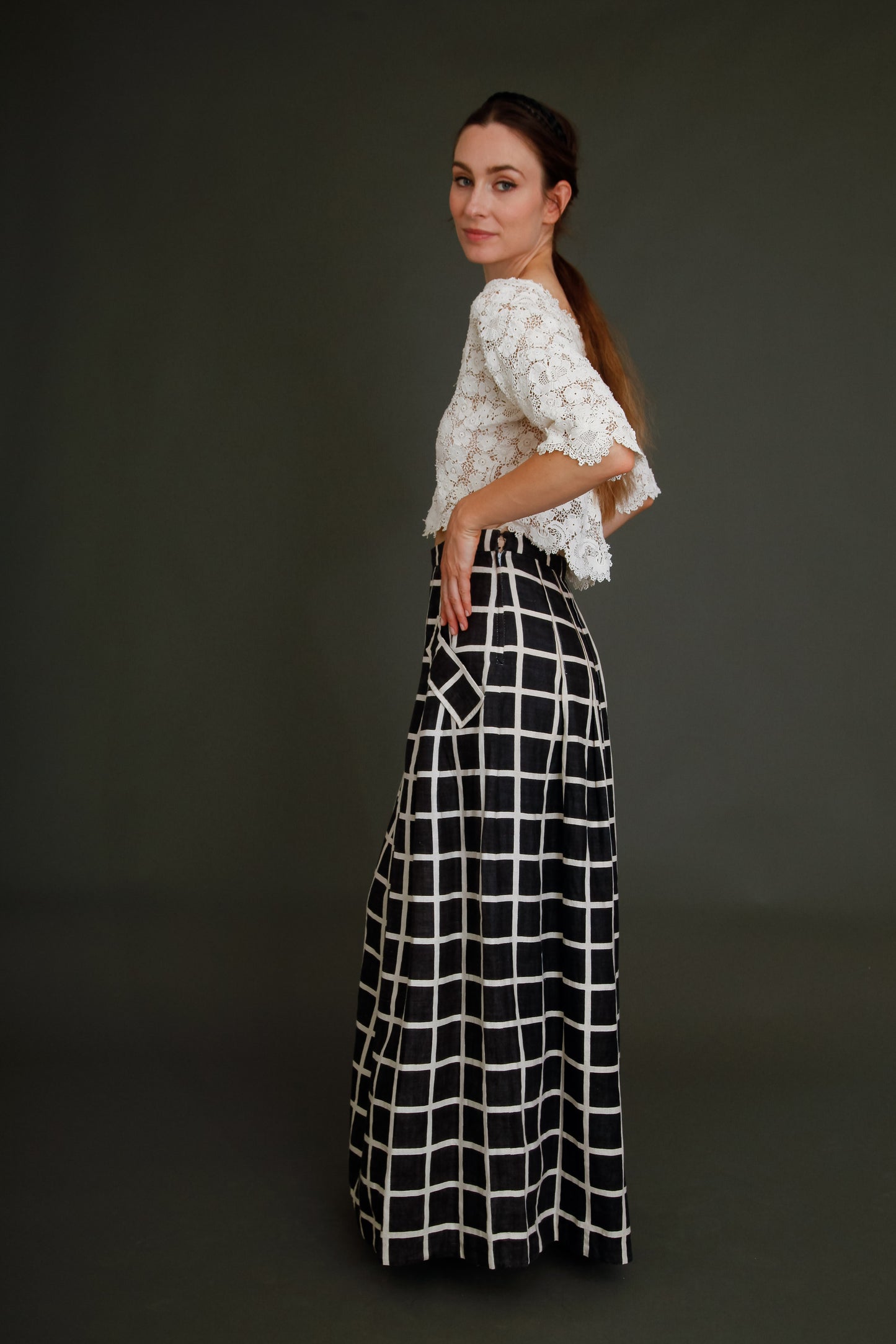 80s Linen Checked Black and White Skirt