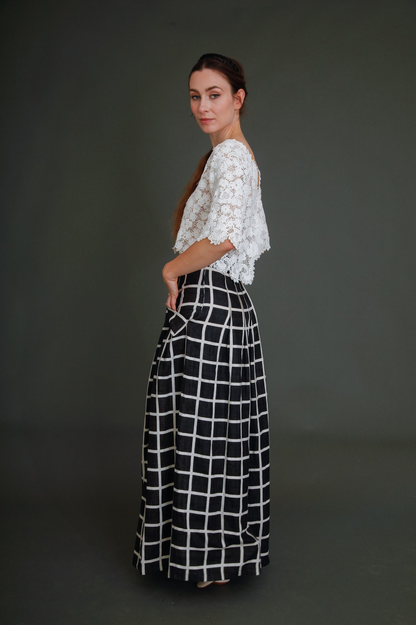 80s Linen Checked Black and White Skirt