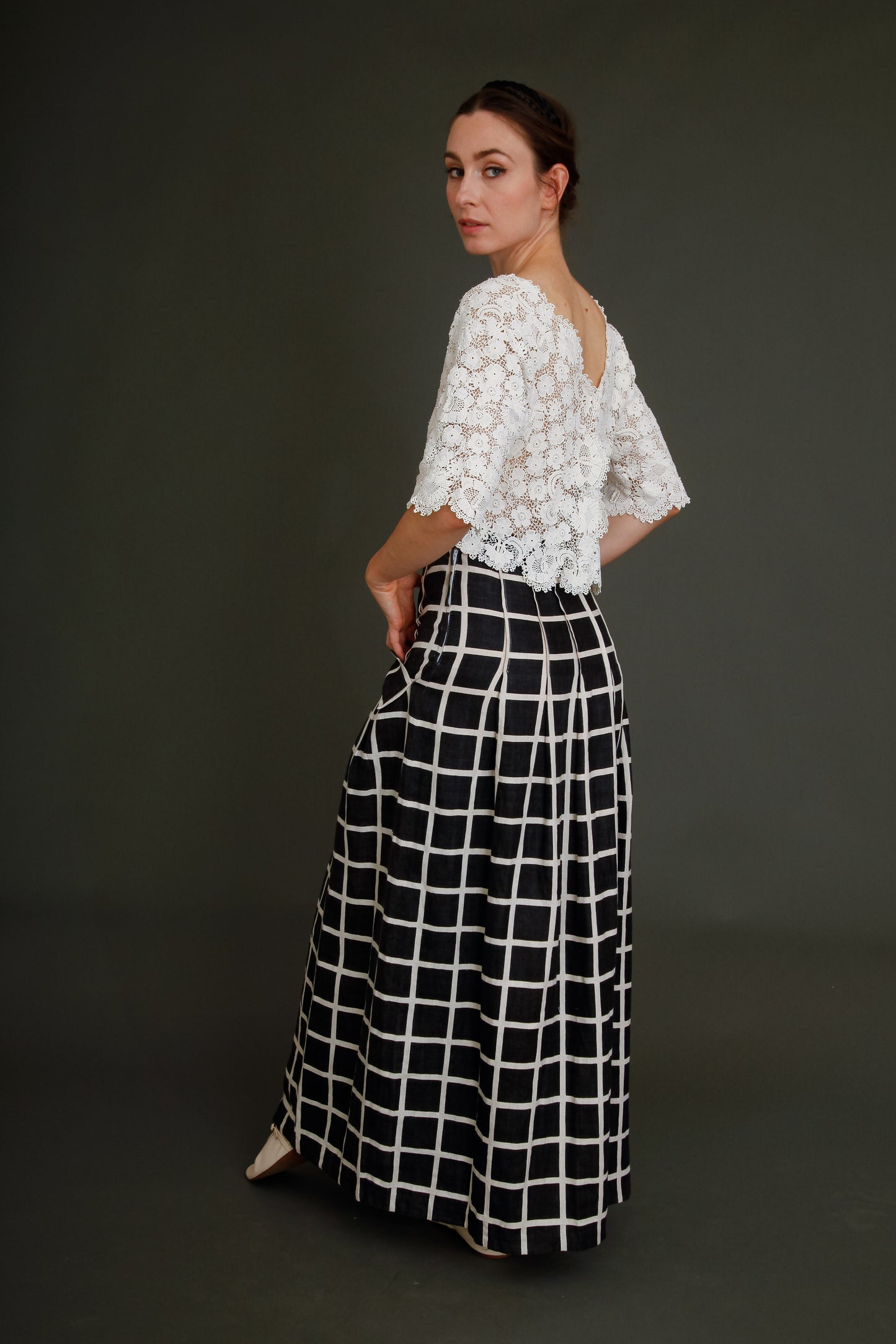 80s Linen Checked Black and White Skirt
