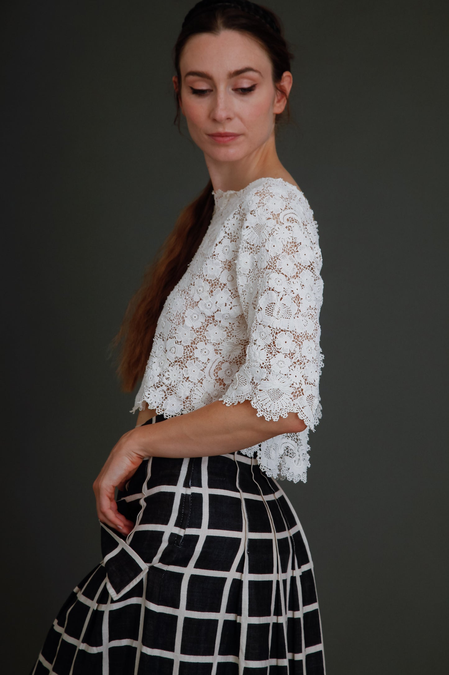 80s Linen Checked Black and White Skirt