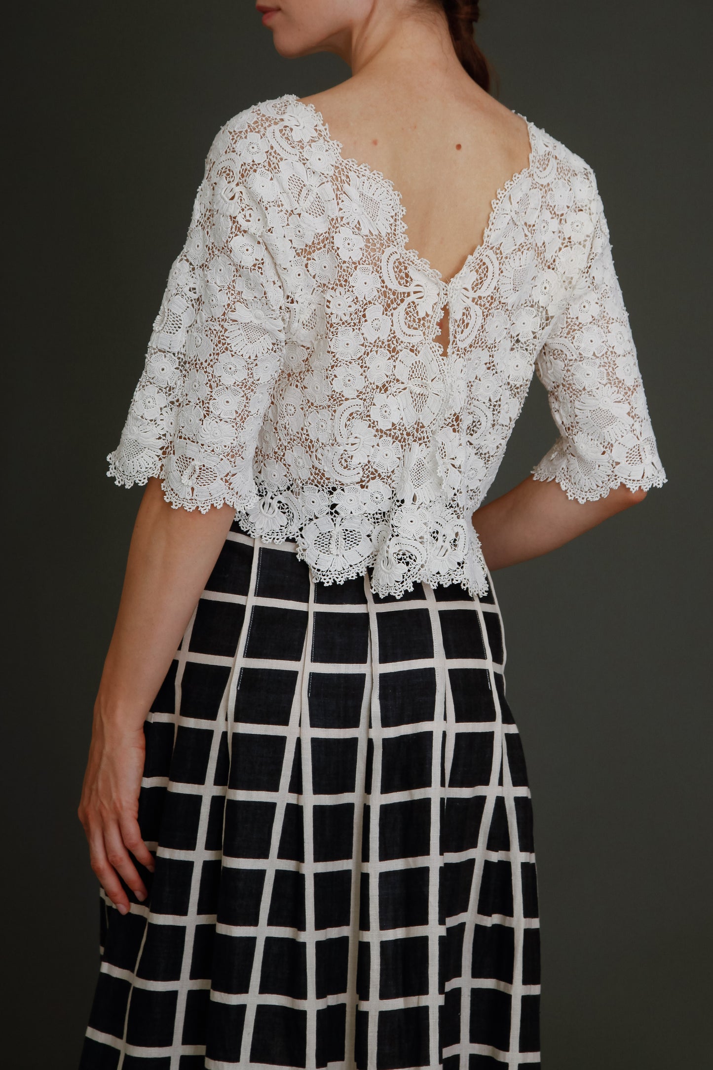 80s Linen Checked Black and White Skirt