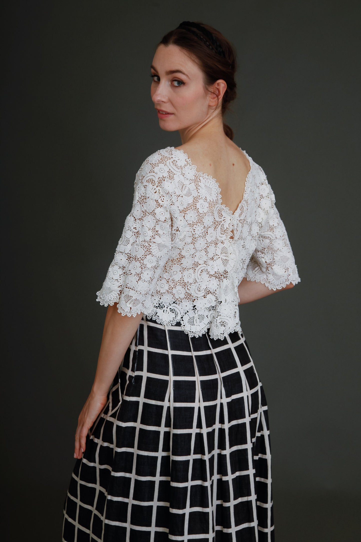 80s Linen Checked Black and White Skirt