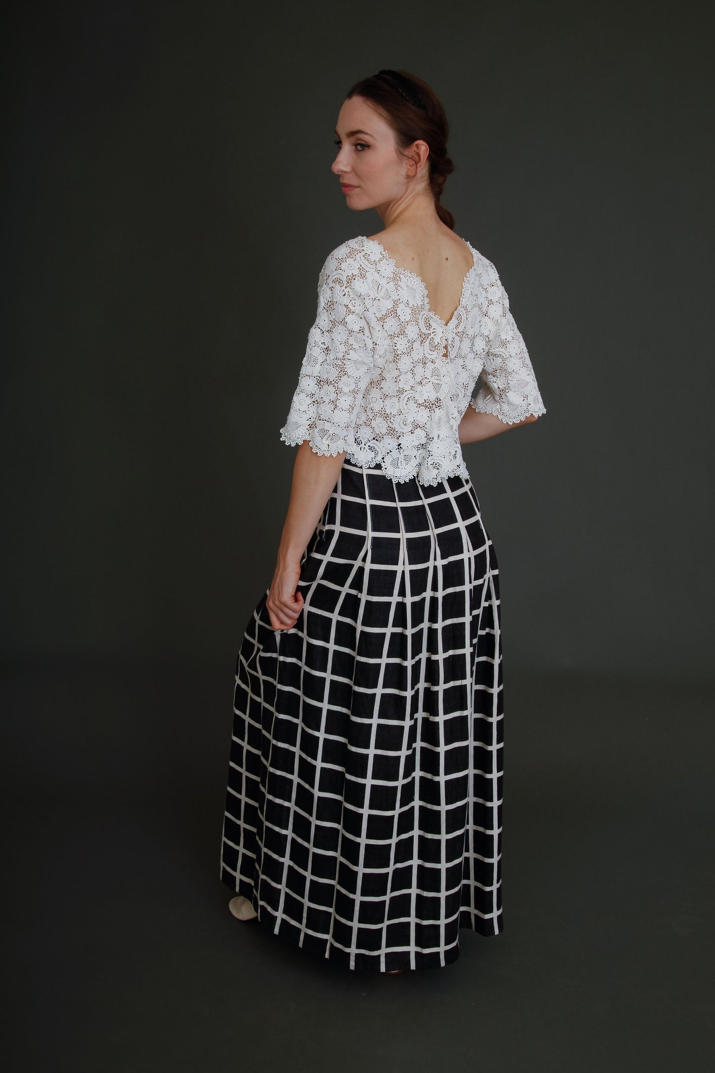 80s Linen Checked Black and White Skirt