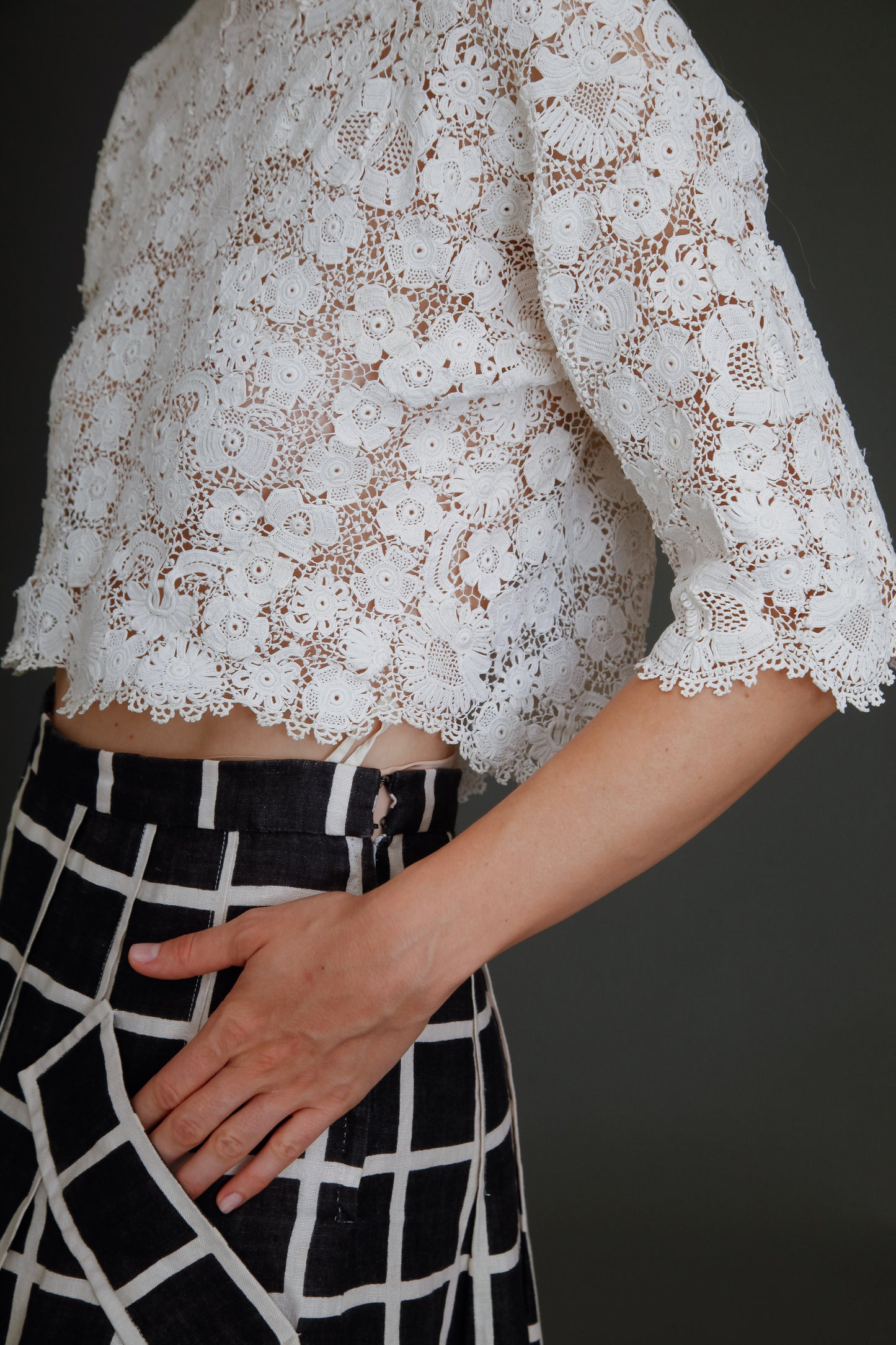 80s Linen Checked Black and White Skirt