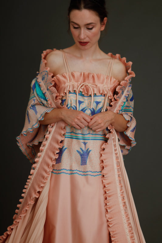Rare 70s Zandra Rhodes Field of Lilies Print  Pleated Robe and Slip Dress Set