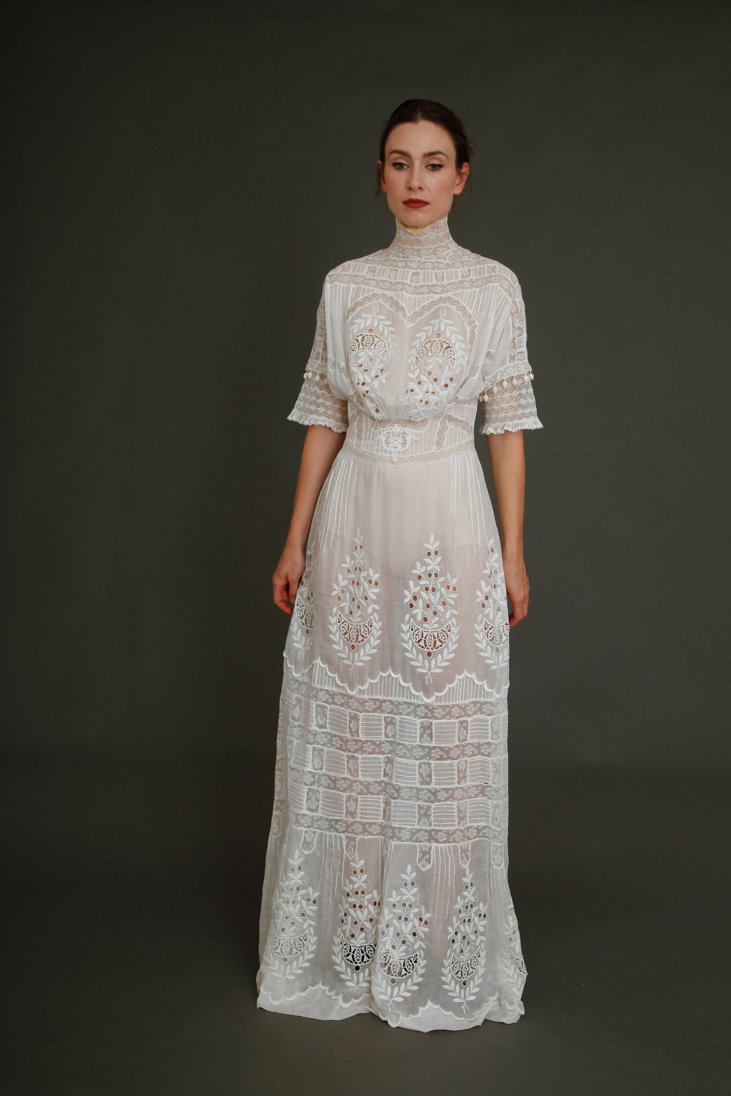 Stunning Edwardian Embroidered White Cotton Muslin Dress