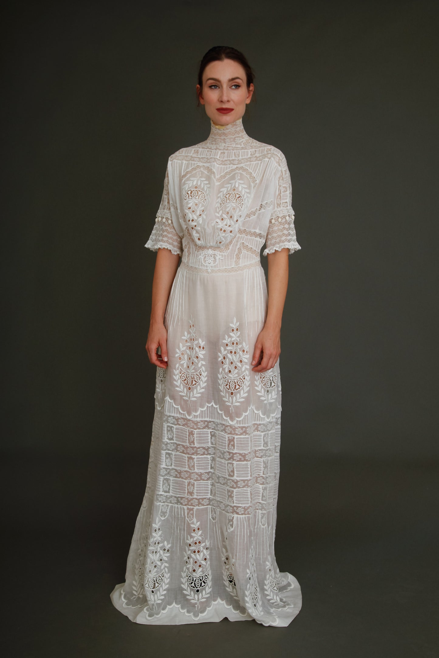 Stunning Edwardian Embroidered White Cotton Muslin Dress