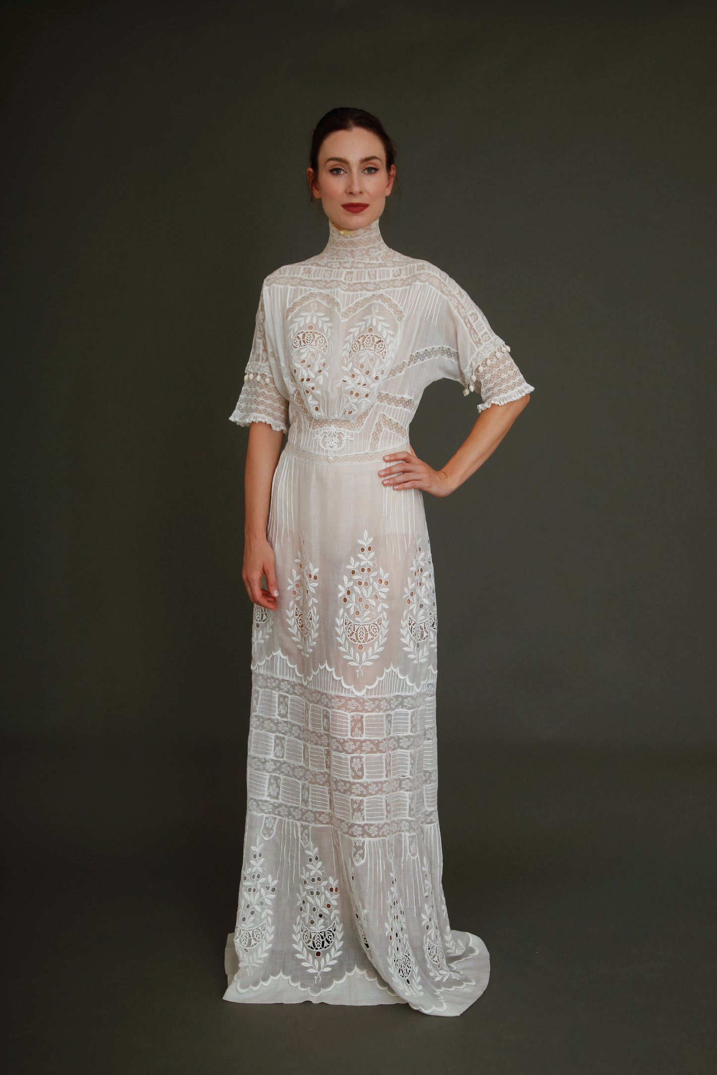 Stunning Edwardian Embroidered White Cotton Muslin Dress