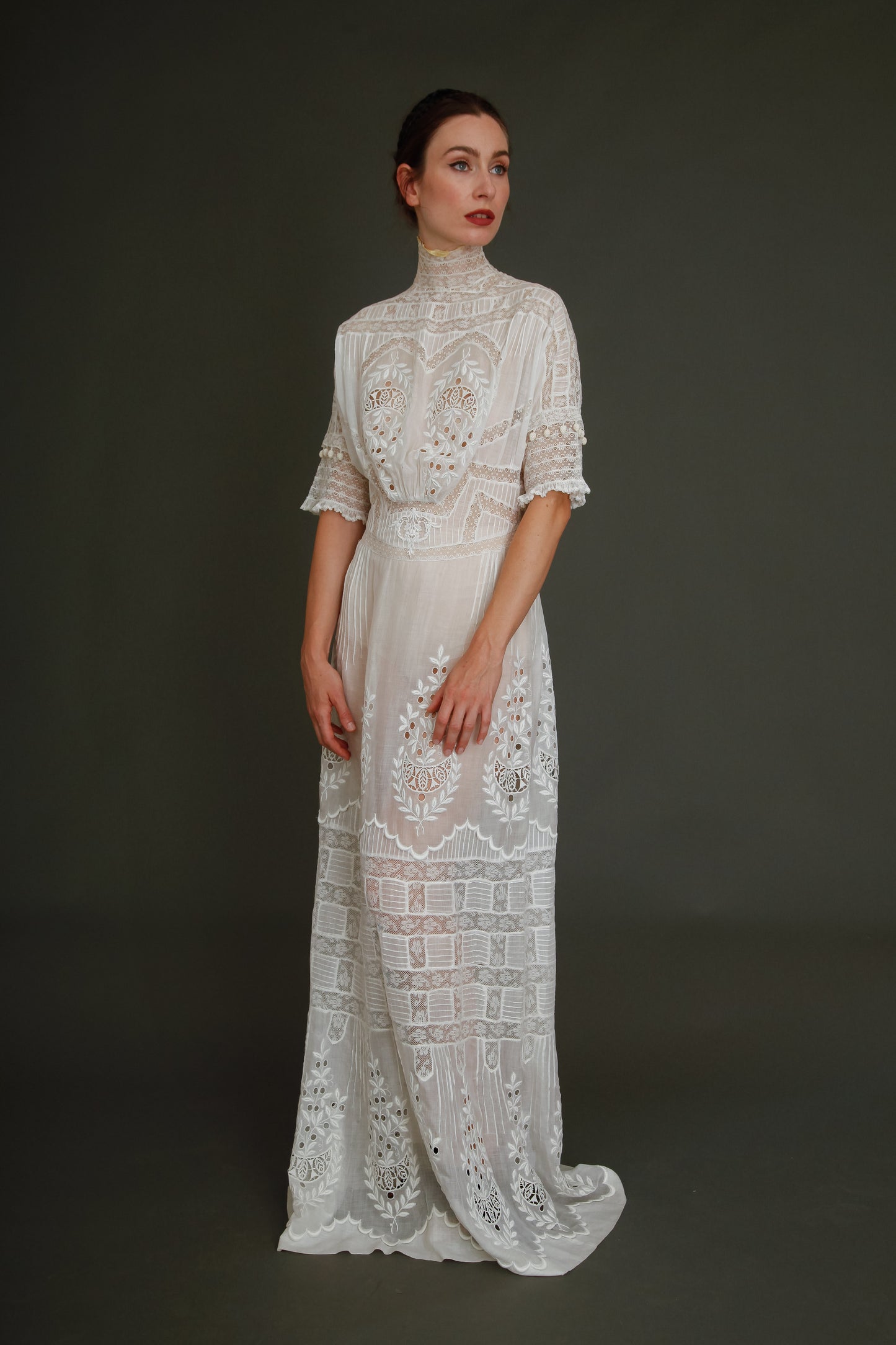 Stunning Edwardian Embroidered White Cotton Muslin Dress