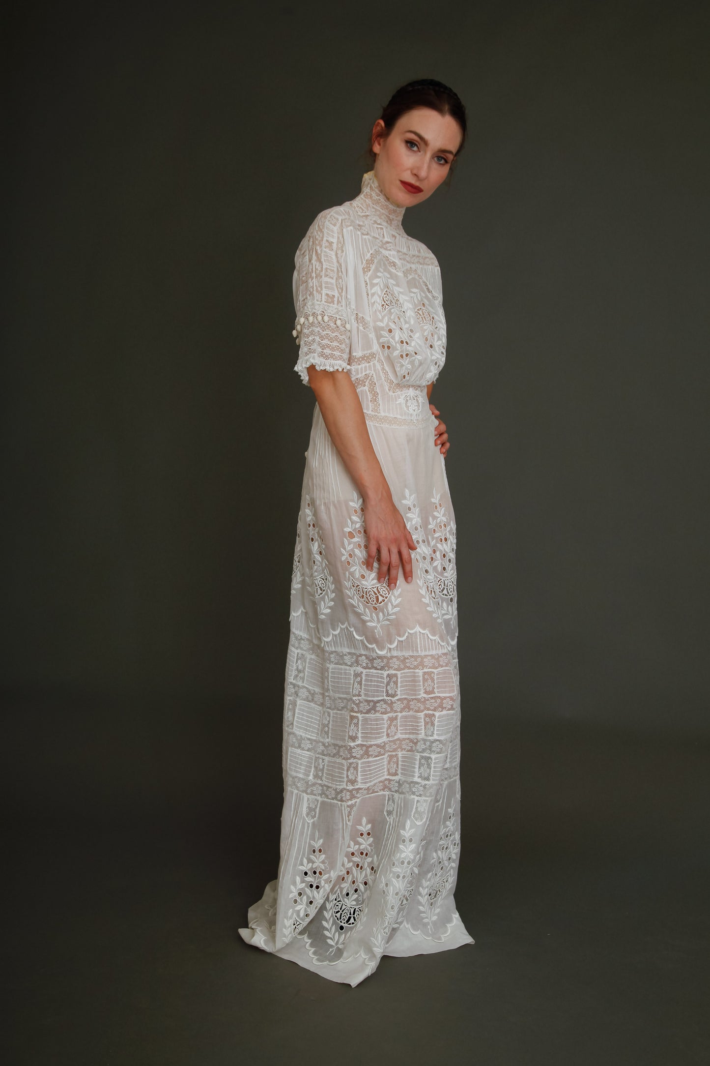 Stunning Edwardian Embroidered White Cotton Muslin Dress