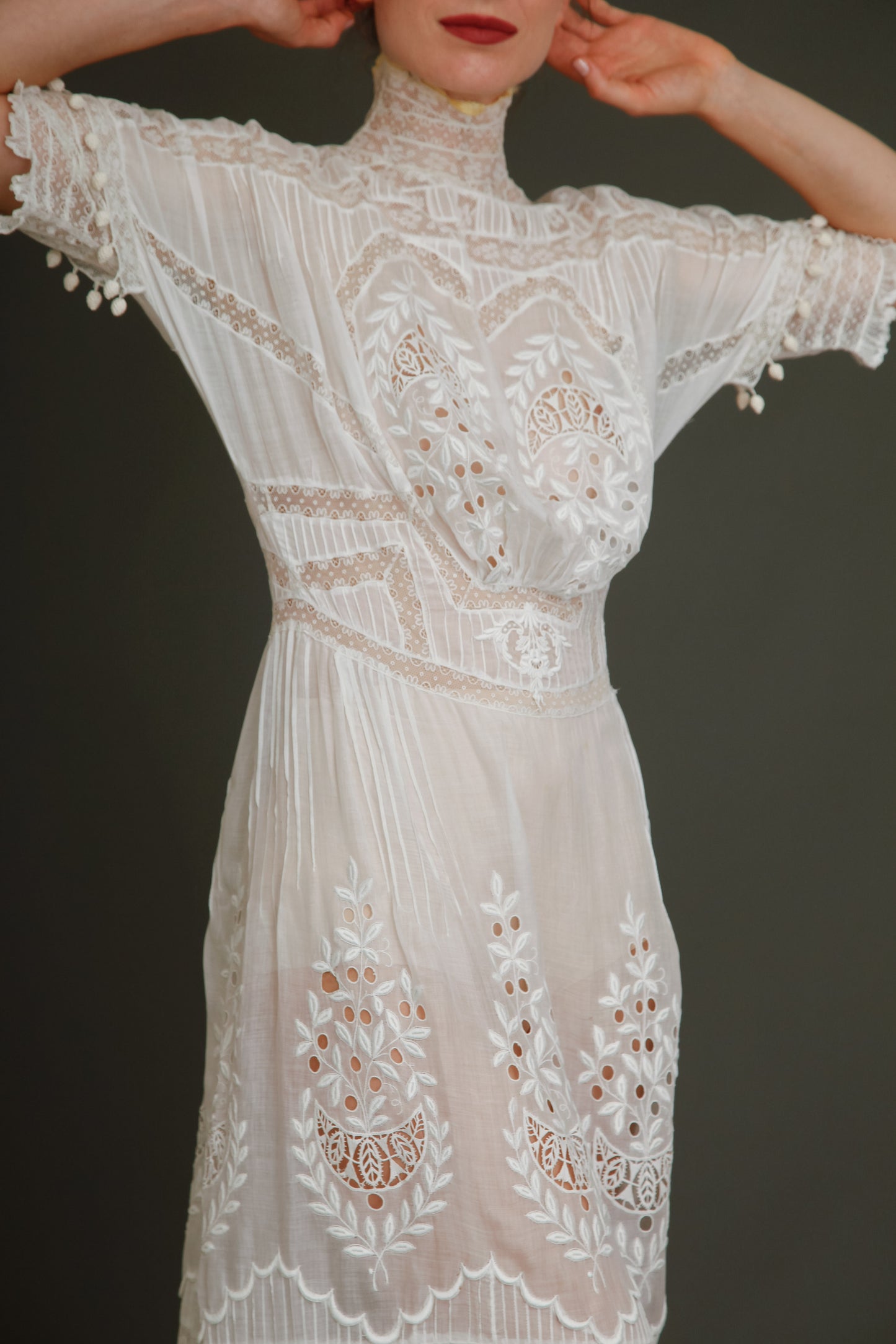 Stunning Edwardian Embroidered White Cotton Muslin Dress