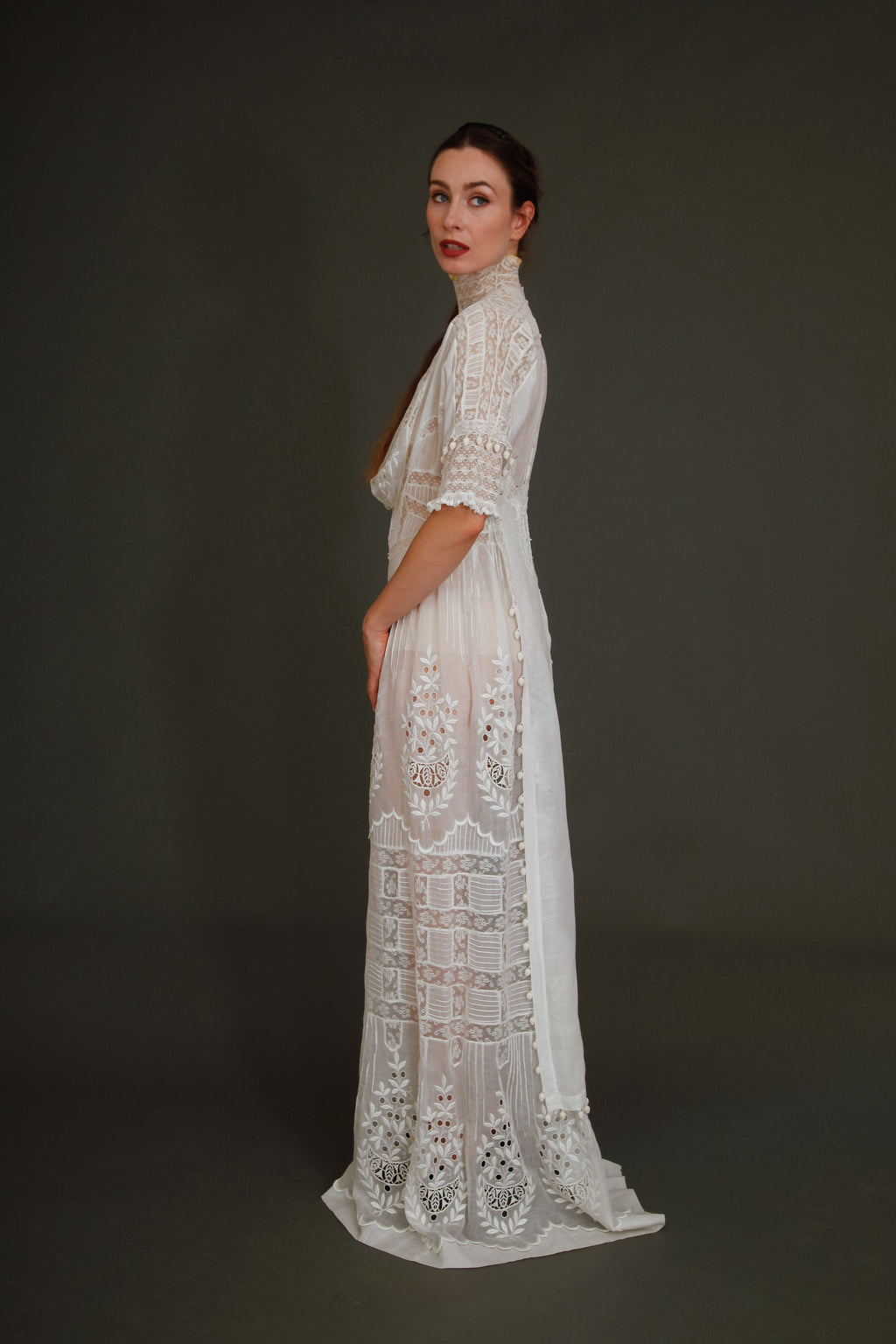 Stunning Edwardian Embroidered White Cotton Muslin Dress