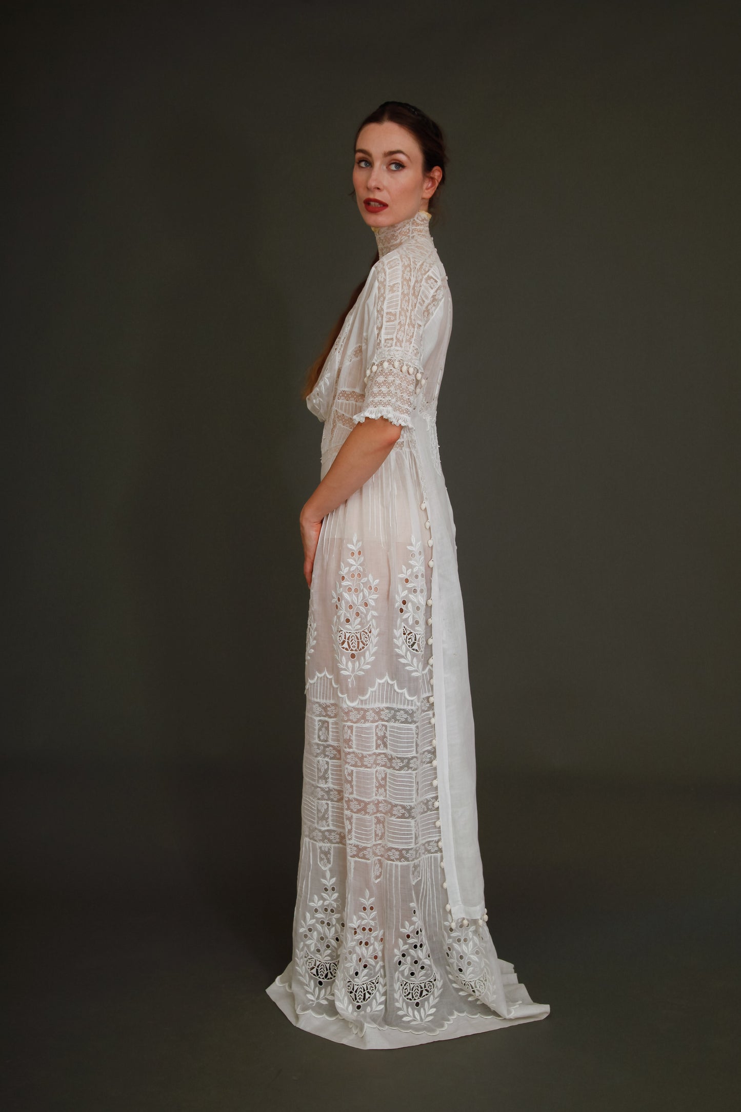 Stunning Edwardian Embroidered White Cotton Muslin Dress