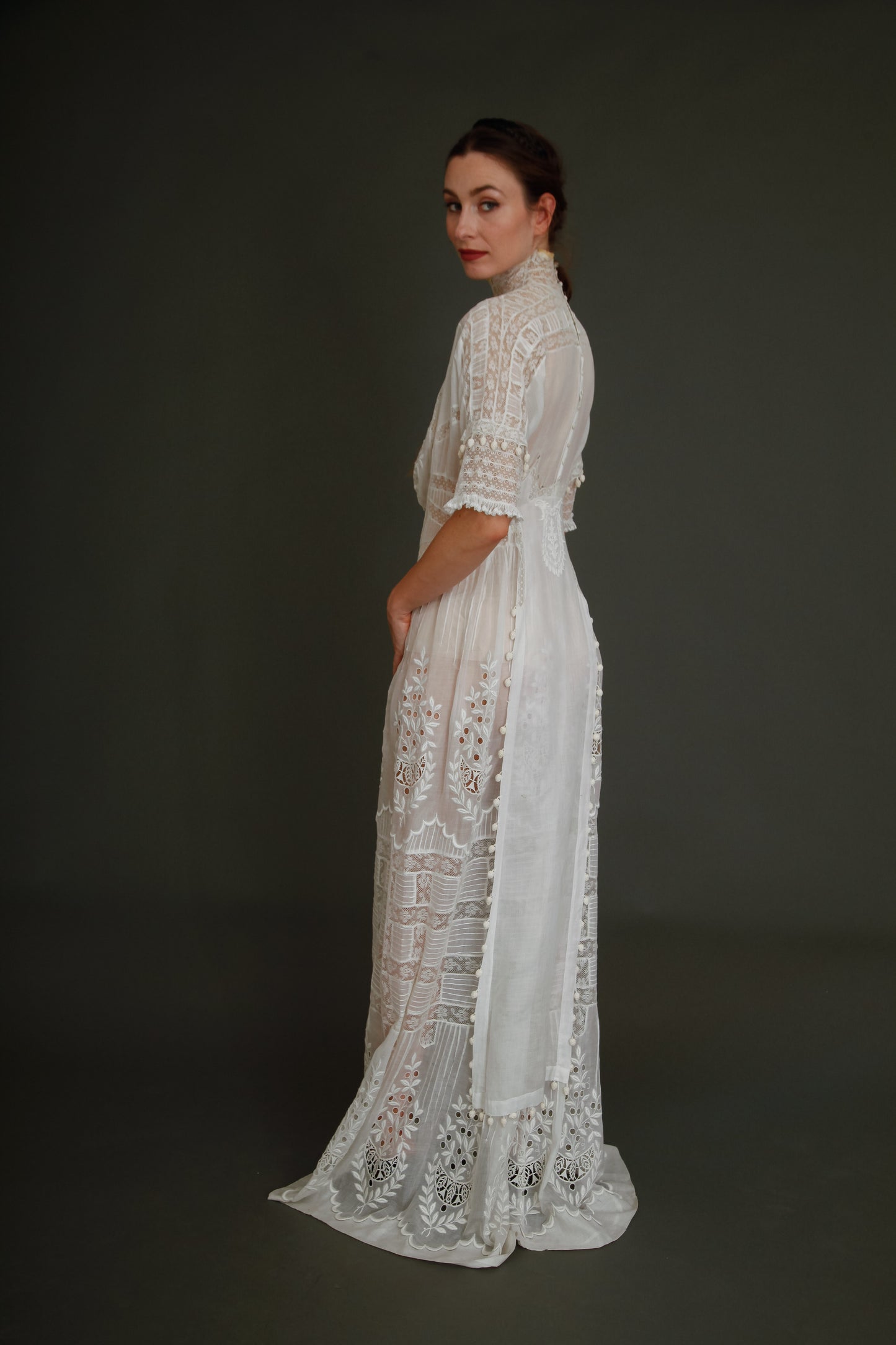Stunning Edwardian Embroidered White Cotton Muslin Dress