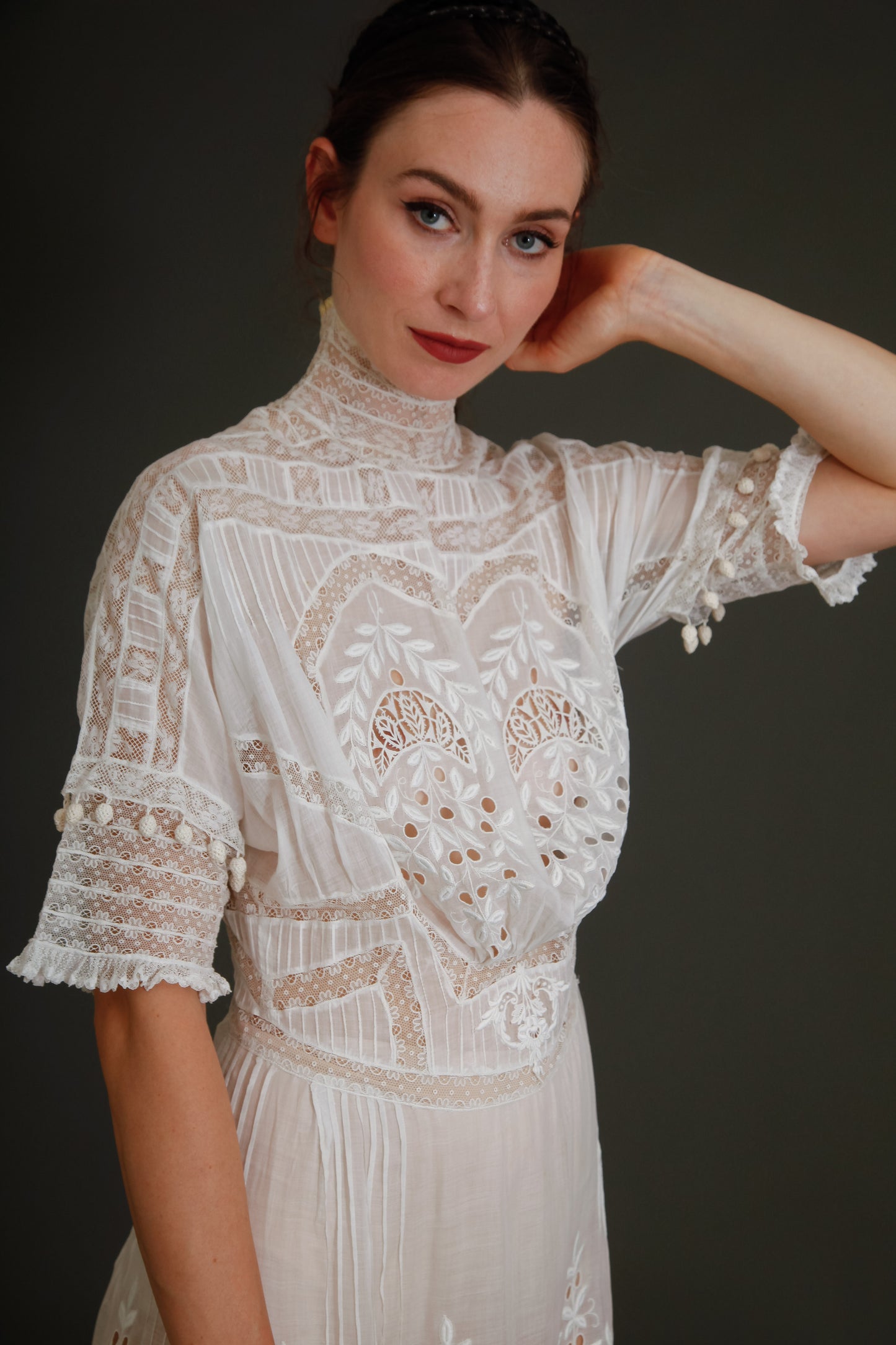 Stunning Edwardian Embroidered White Cotton Muslin Dress