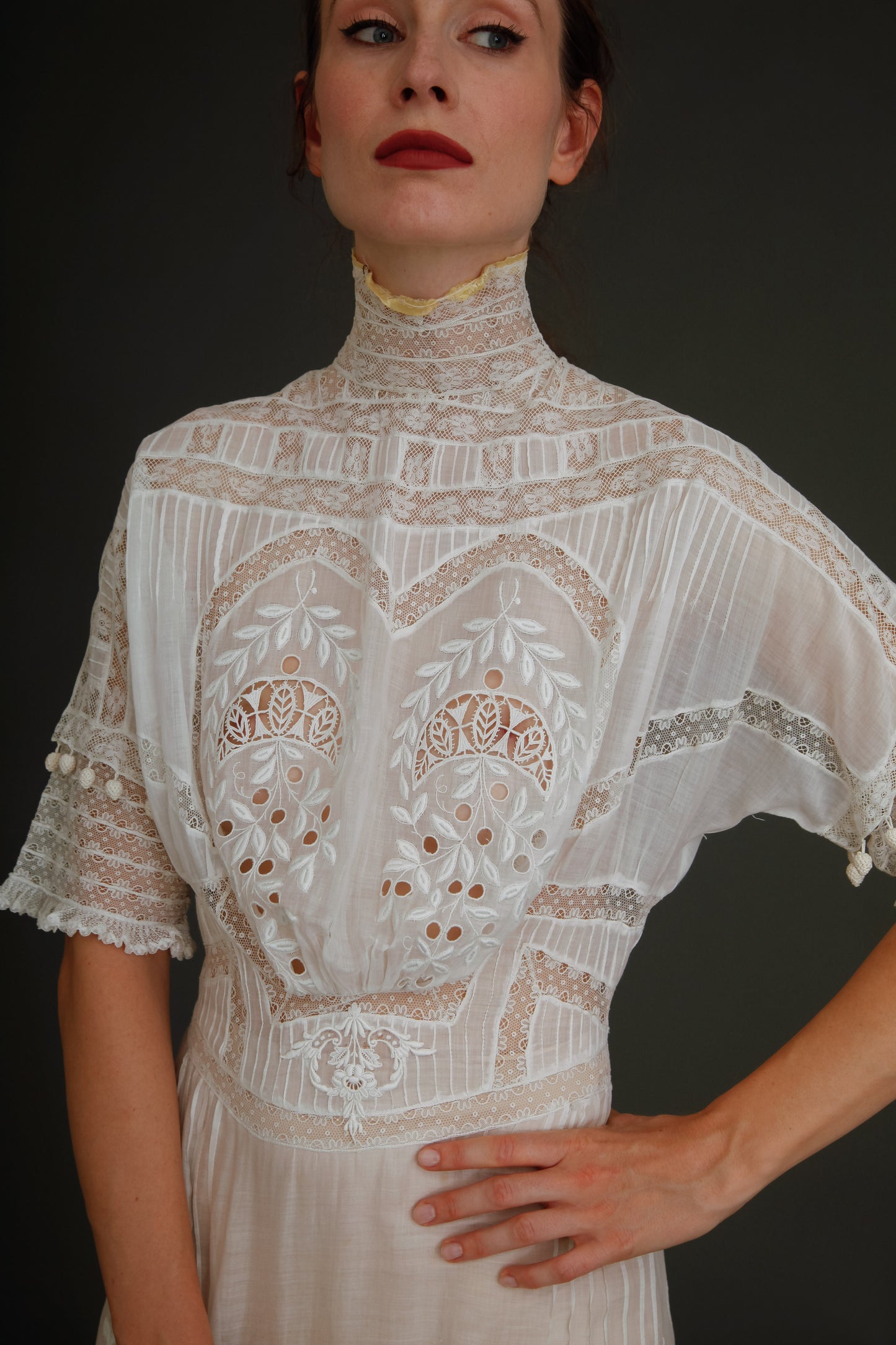 Stunning Edwardian Embroidered White Cotton Muslin Dress