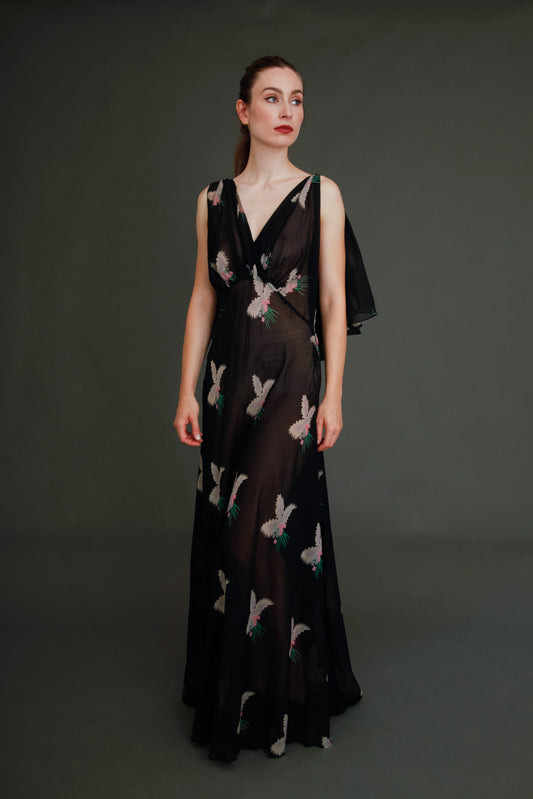 1930 Silk Chiffon Floral Gown with Capelet