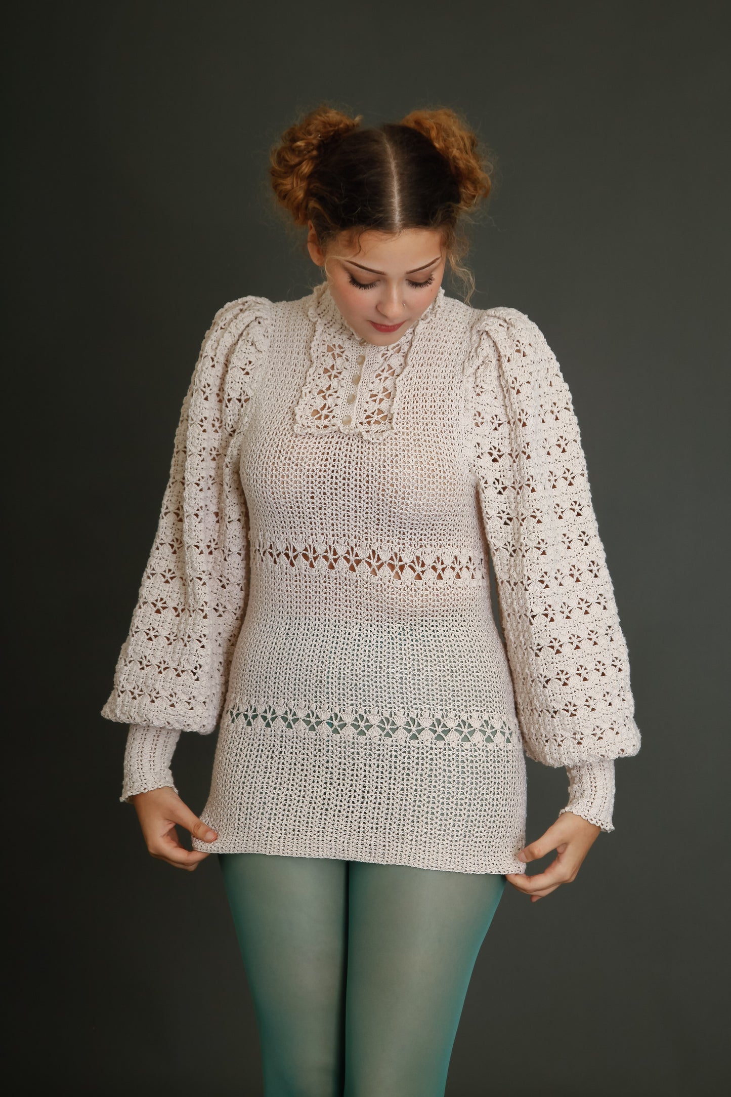 1970 Crochet Victorian Style Blouse or Mini Dress