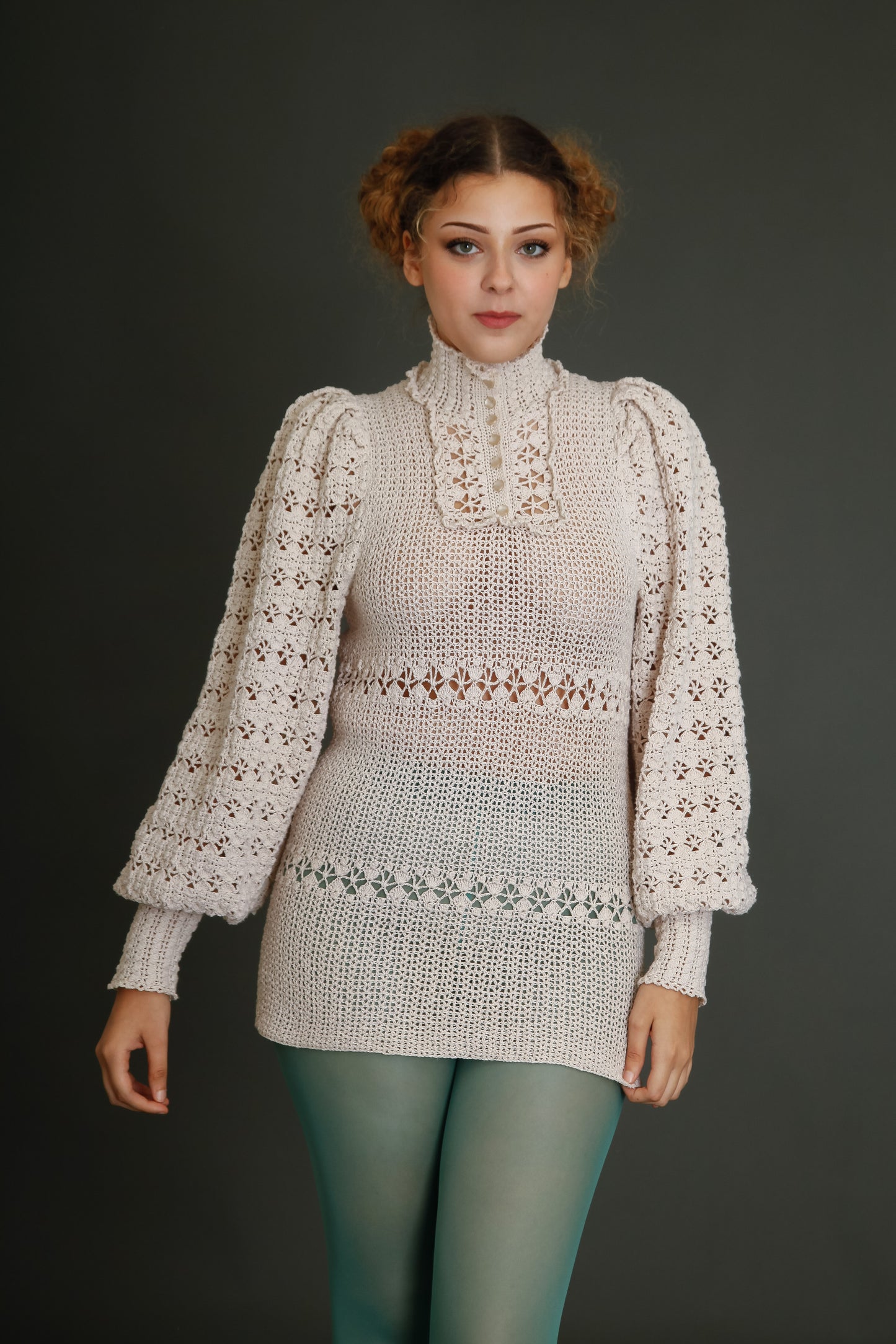 1970 Crochet Victorian Style Blouse or Mini Dress