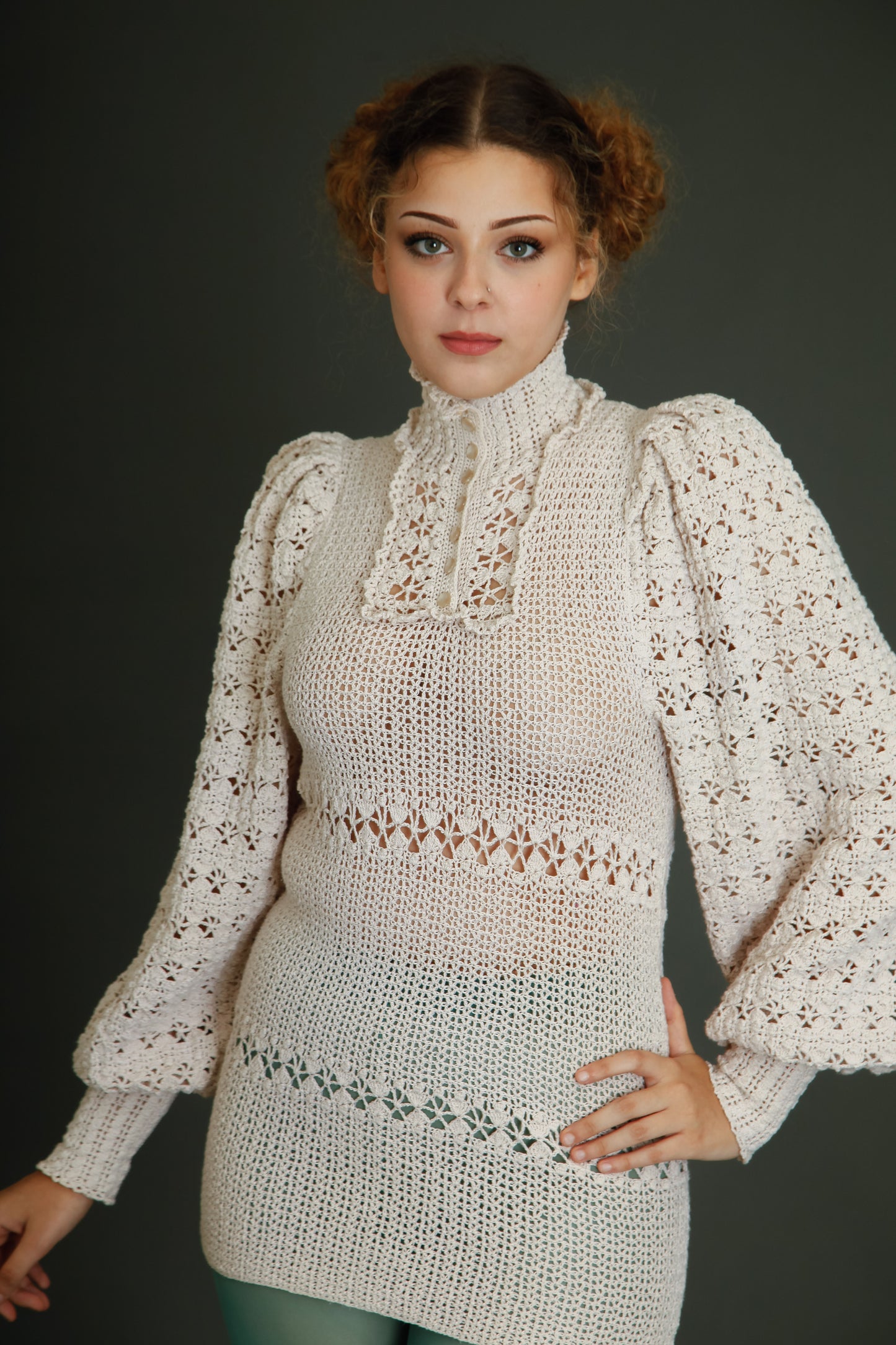 1970 Crochet Victorian Style Blouse or Mini Dress