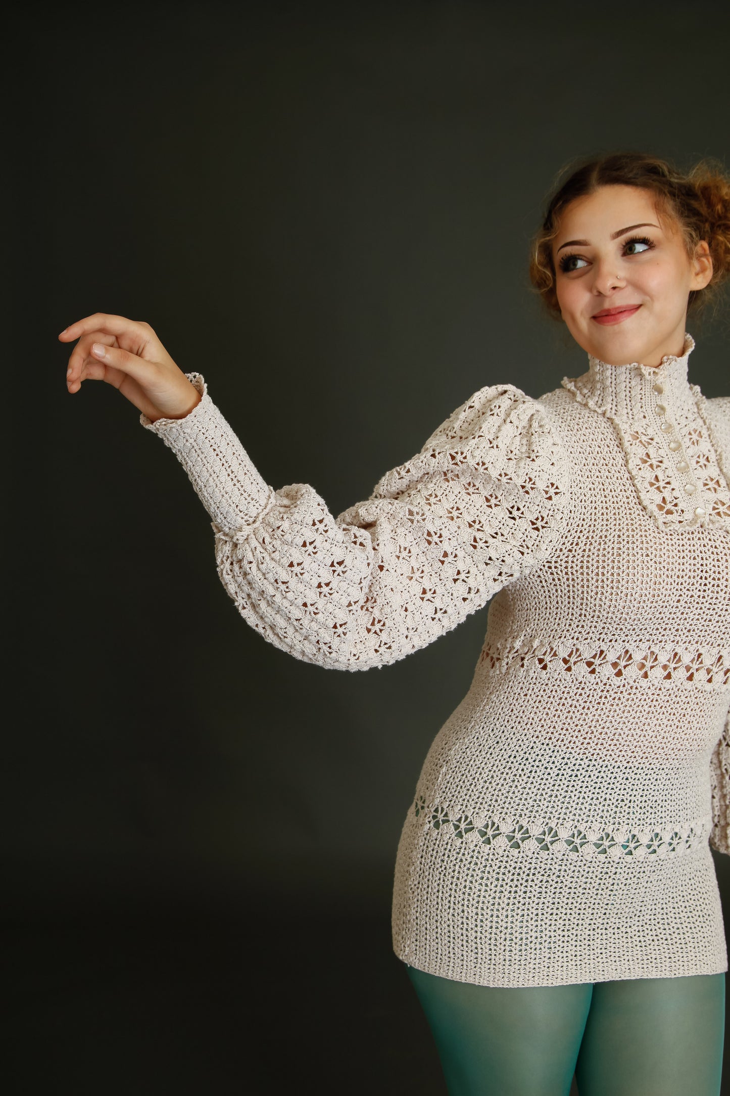 1970 Crochet Victorian Style Blouse or Mini Dress