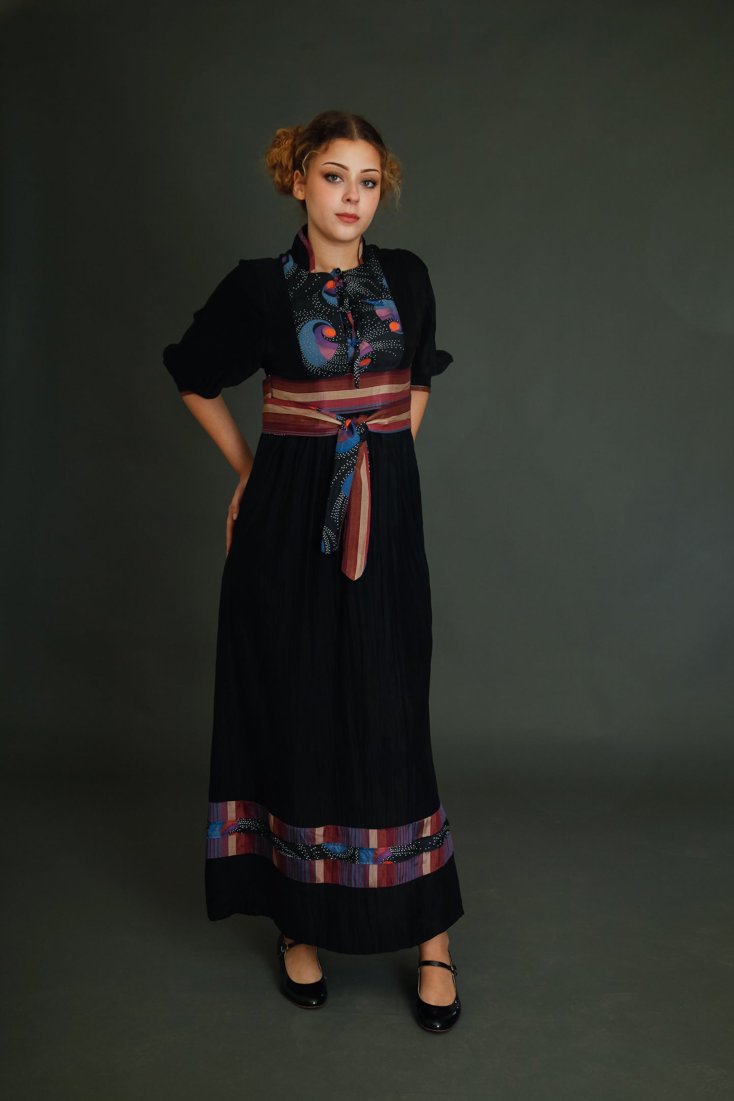 1970 Black Boho Dress with Details
