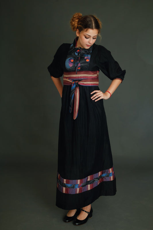 1970 Black Boho Dress with Details