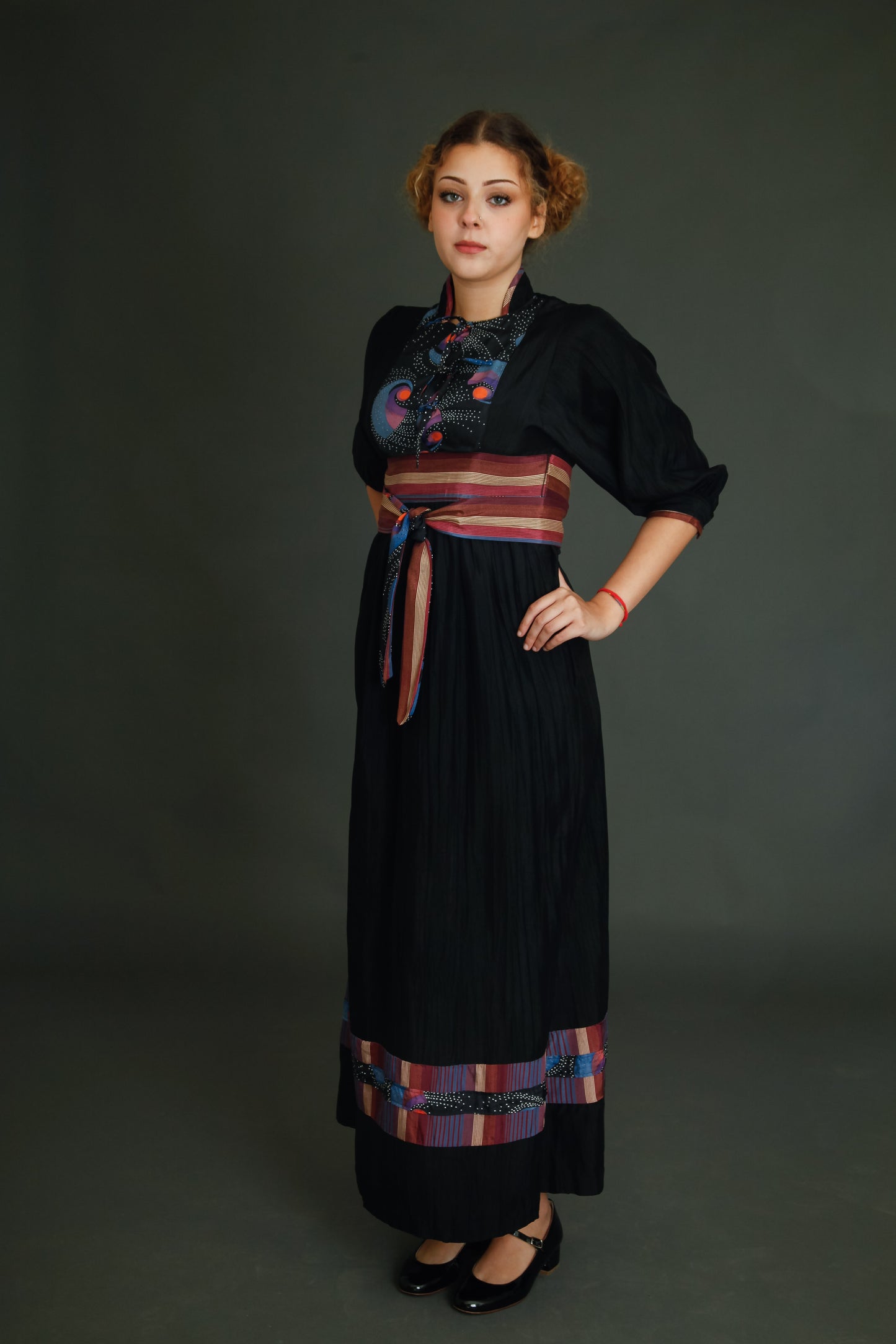 1970 Black Boho Dress with Details