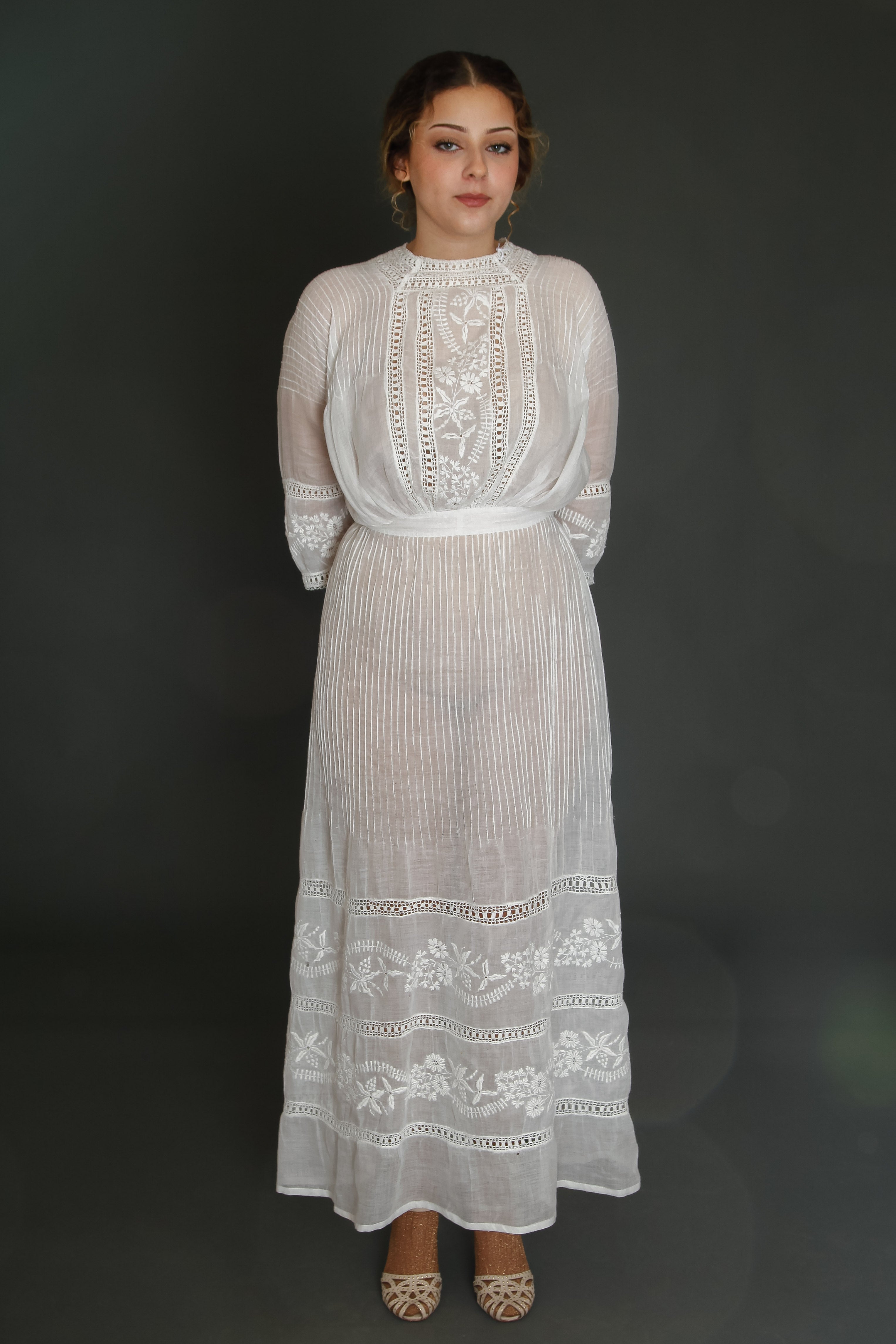1910 Edwardian Long Lawn Dress with Floral Embroidery
