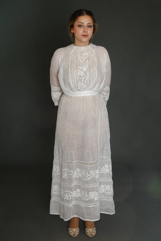 1910 Edwardian Long Lawn Dress with Floral Embroidery