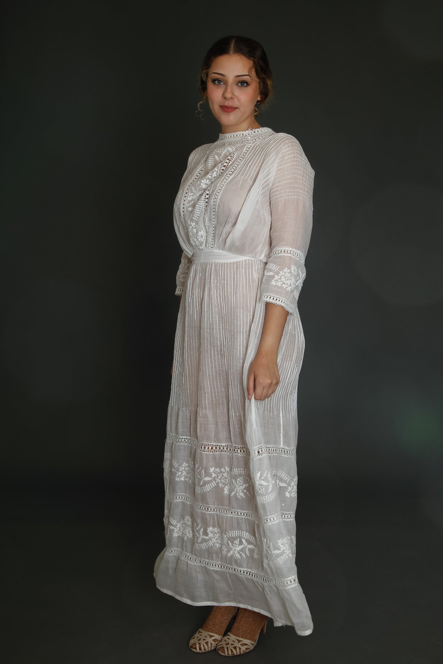 1910 Edwardian Long Lawn Dress with Floral Embroidery