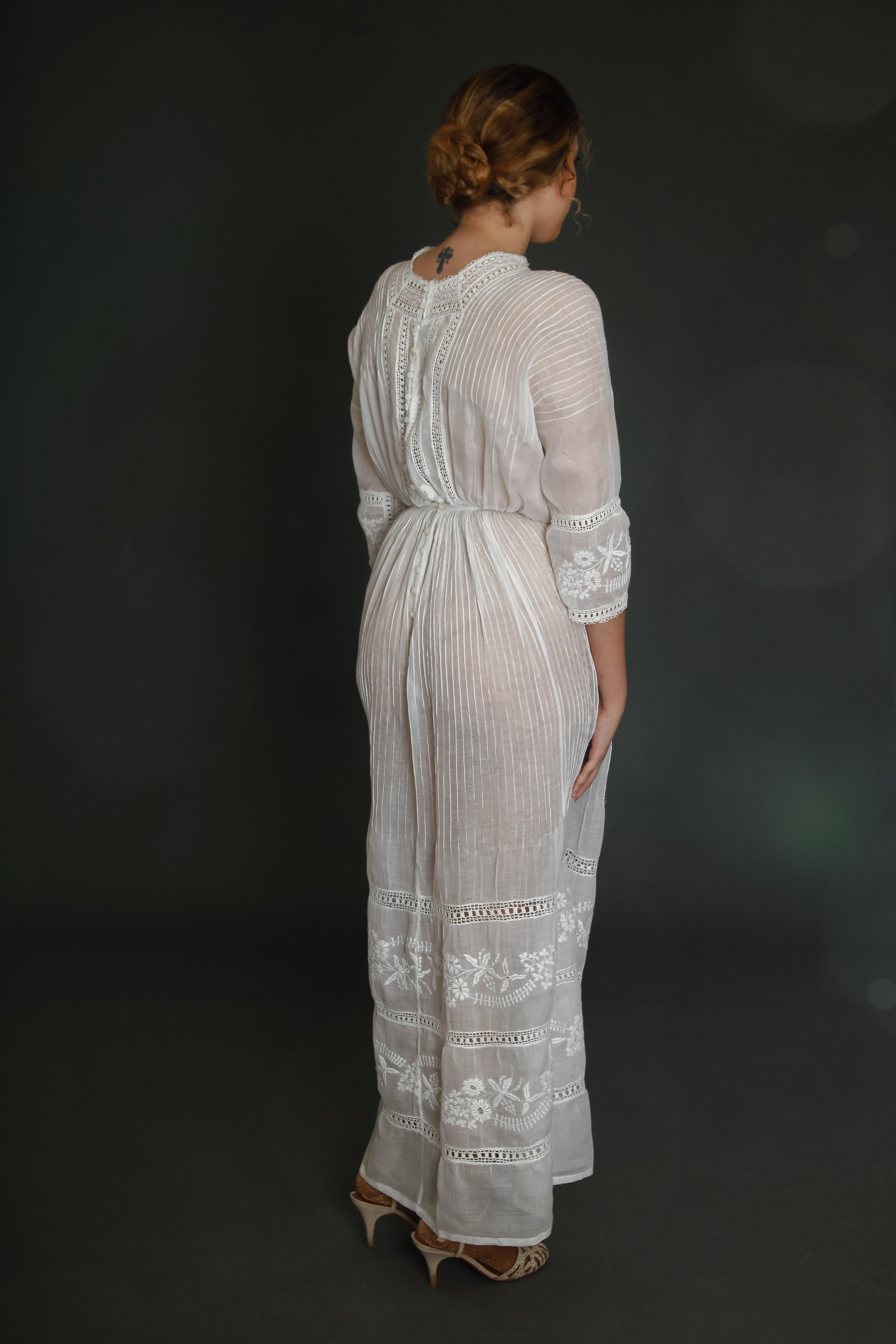 1910 Edwardian Long Lawn Dress with Floral Embroidery