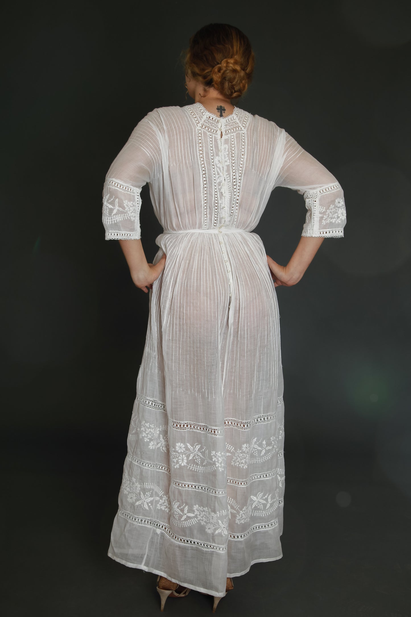 1910 Edwardian Long Lawn Dress with Floral Embroidery