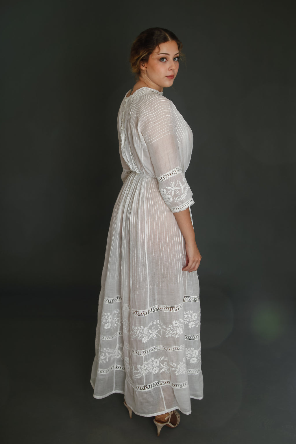 1910 Edwardian Long Lawn Dress with Floral Embroidery
