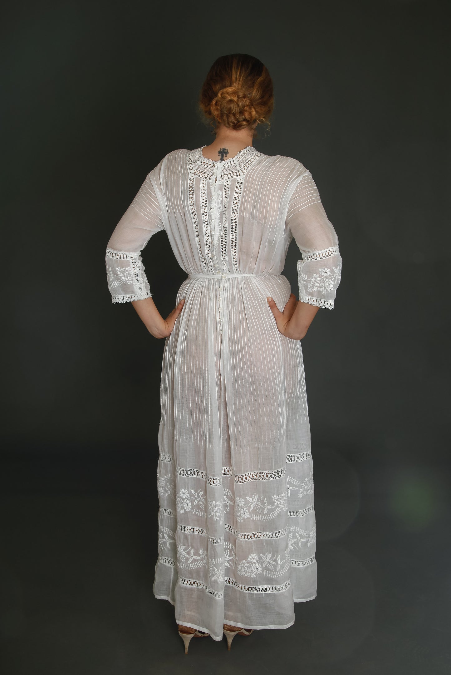 1910 Edwardian Long Lawn Dress with Floral Embroidery