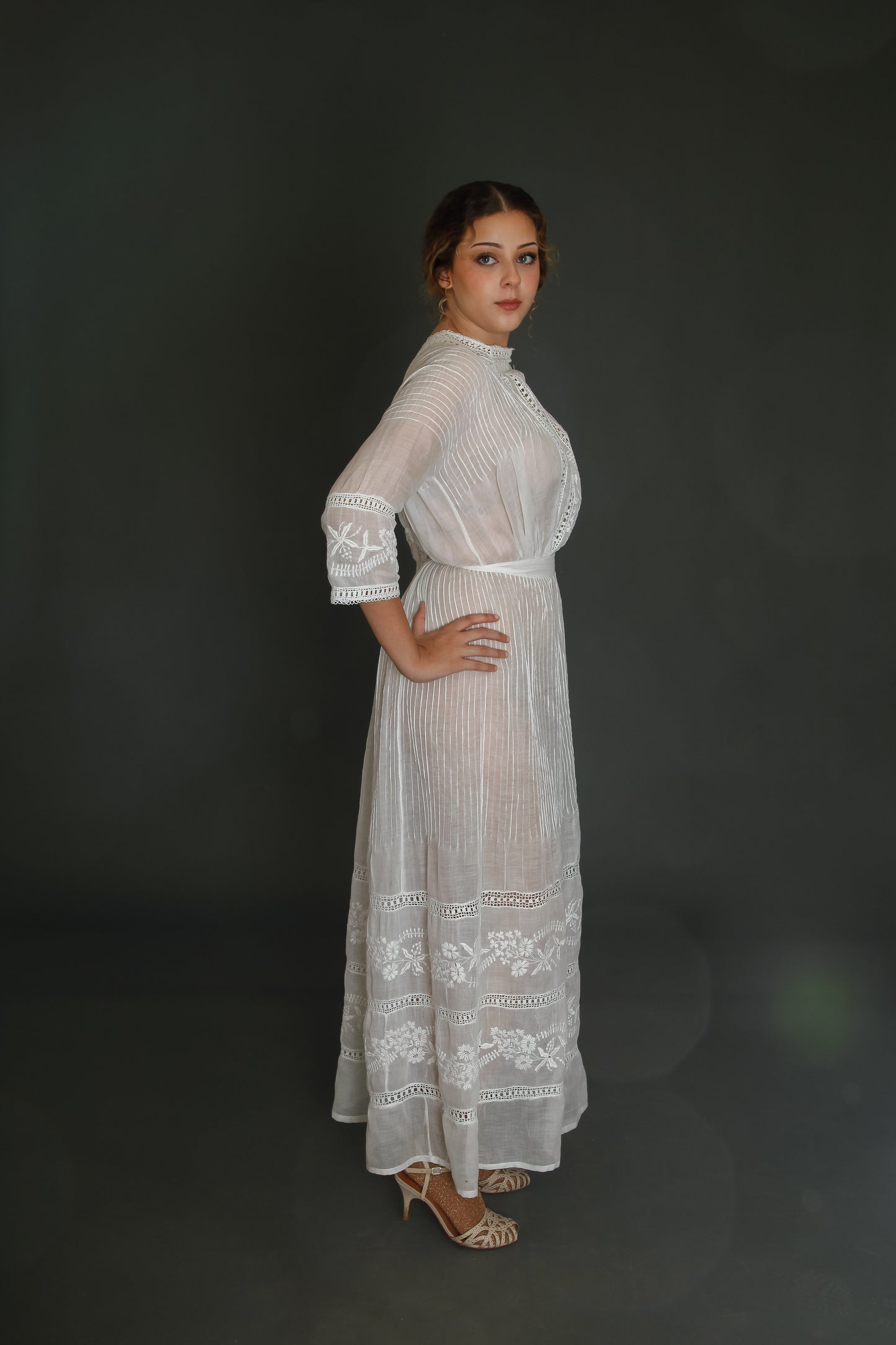 1910 Edwardian Long Lawn Dress with Floral Embroidery