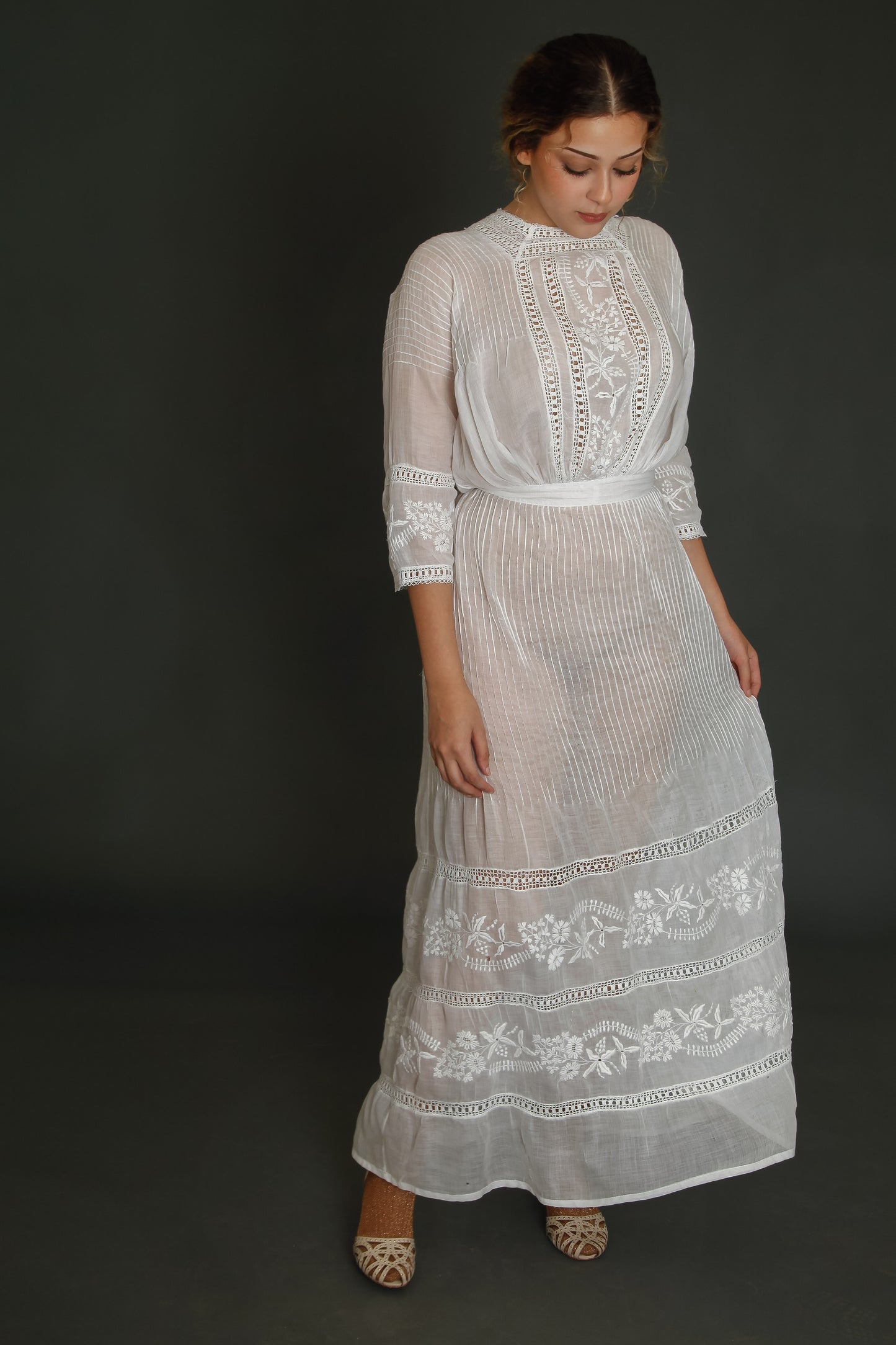 1910 Edwardian Long Lawn Dress with Floral Embroidery