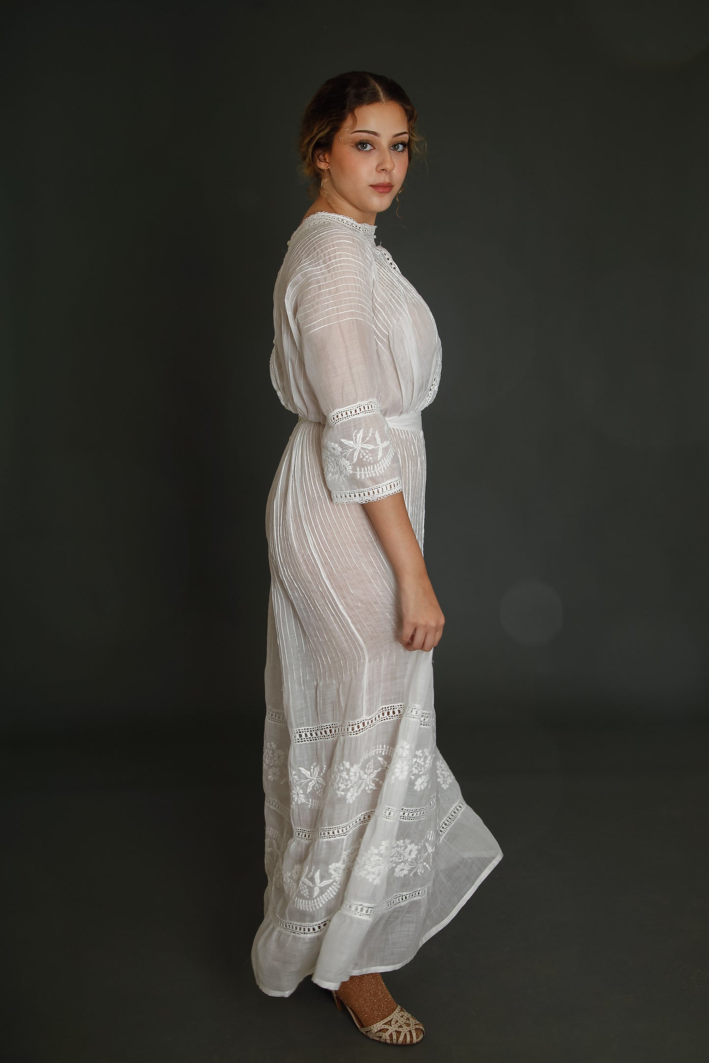 1910 Edwardian Long Lawn Dress with Floral Embroidery