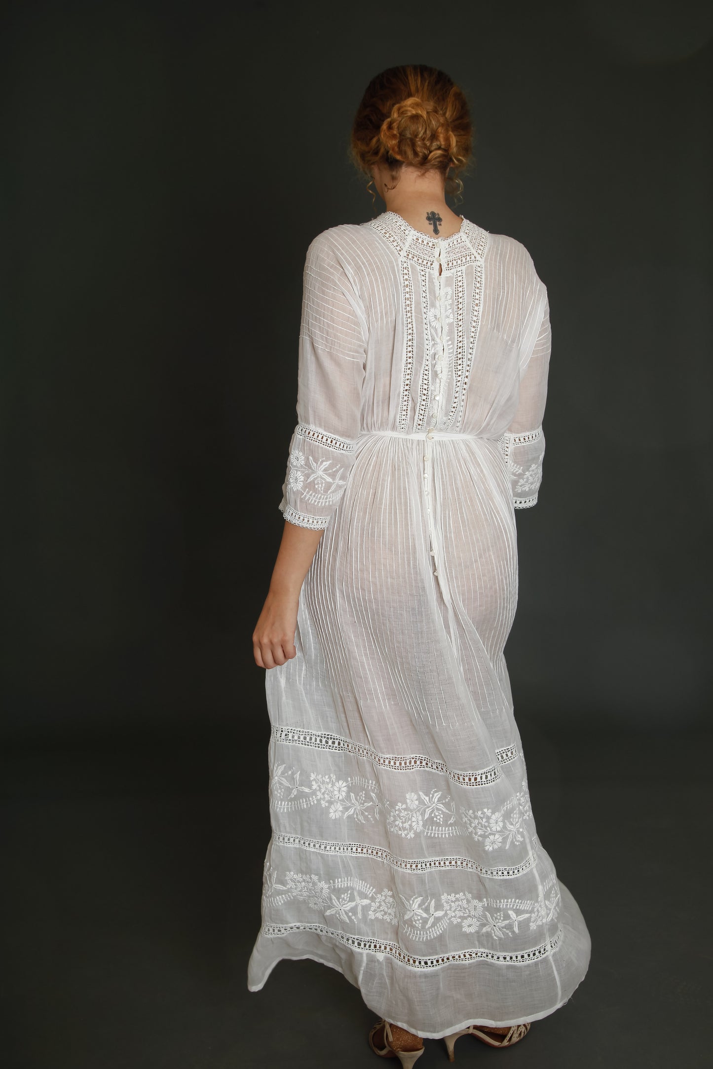 1910 Edwardian Long Lawn Dress with Floral Embroidery