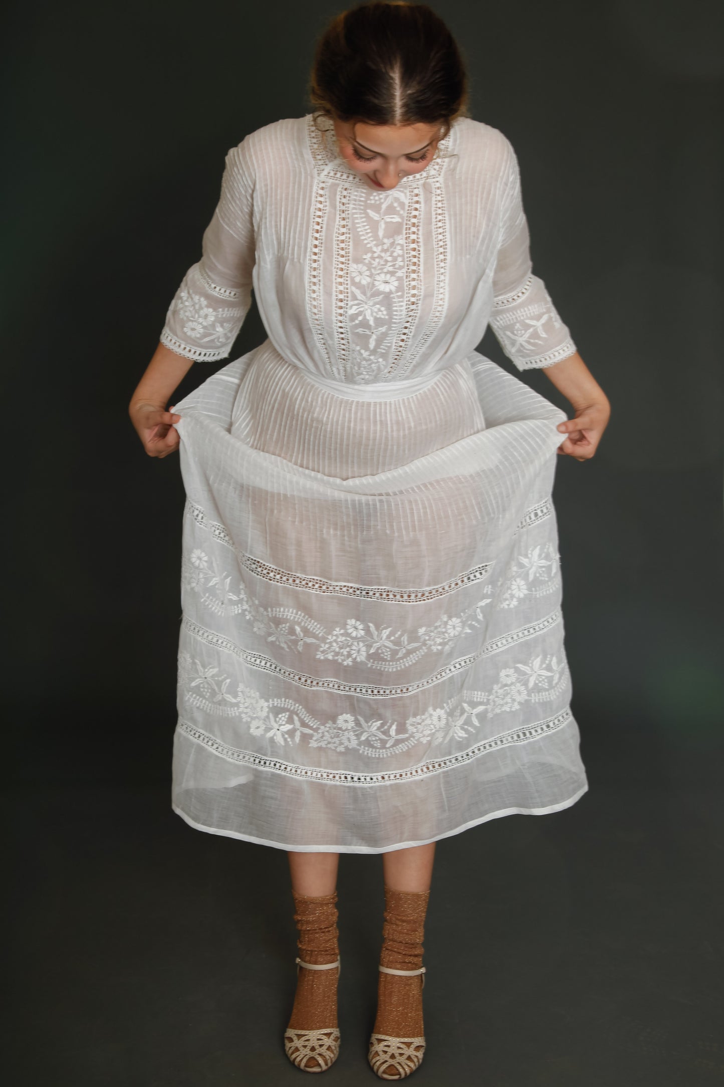 1910 Edwardian Long Lawn Dress with Floral Embroidery
