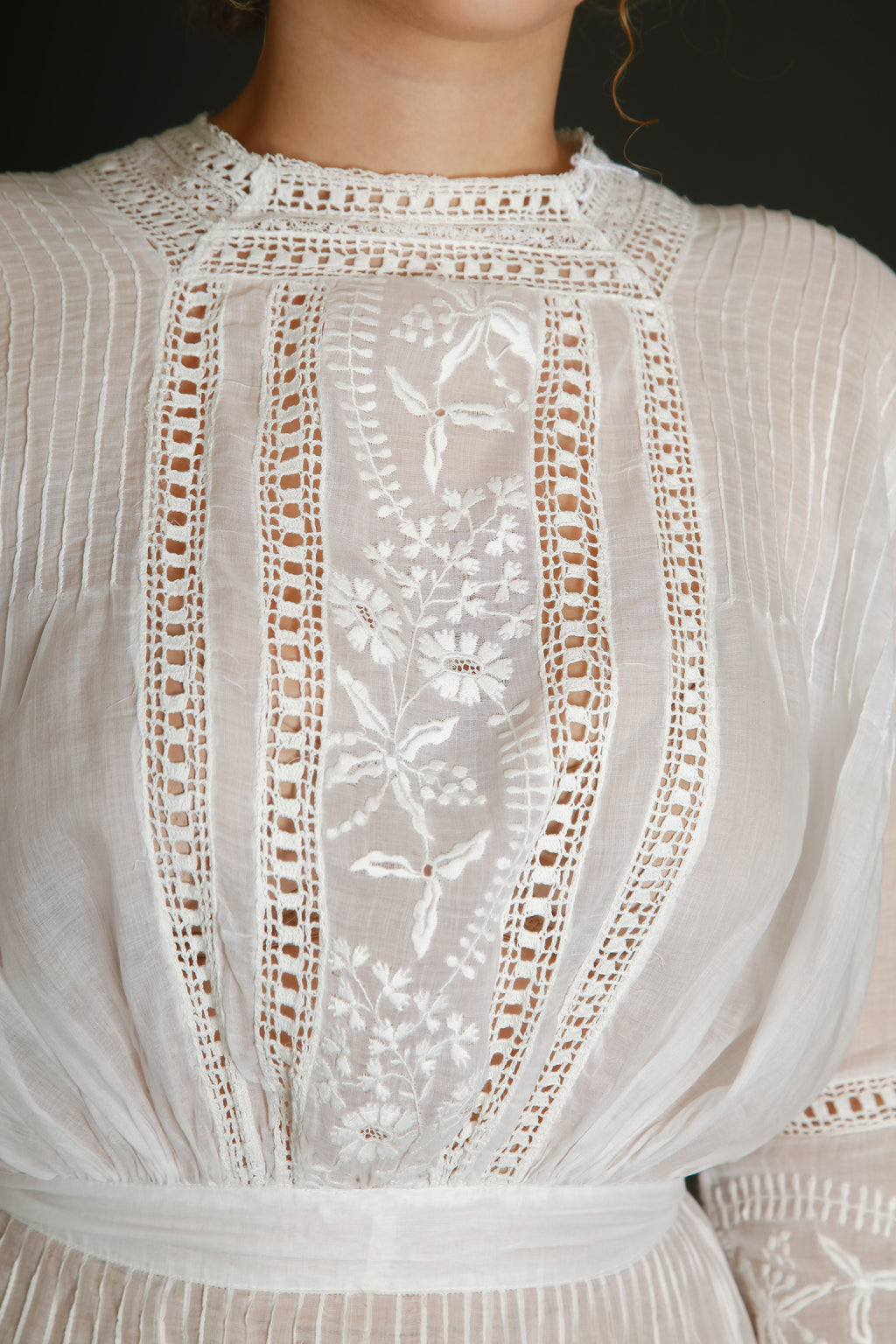 1910 Edwardian Long Lawn Dress with Floral Embroidery