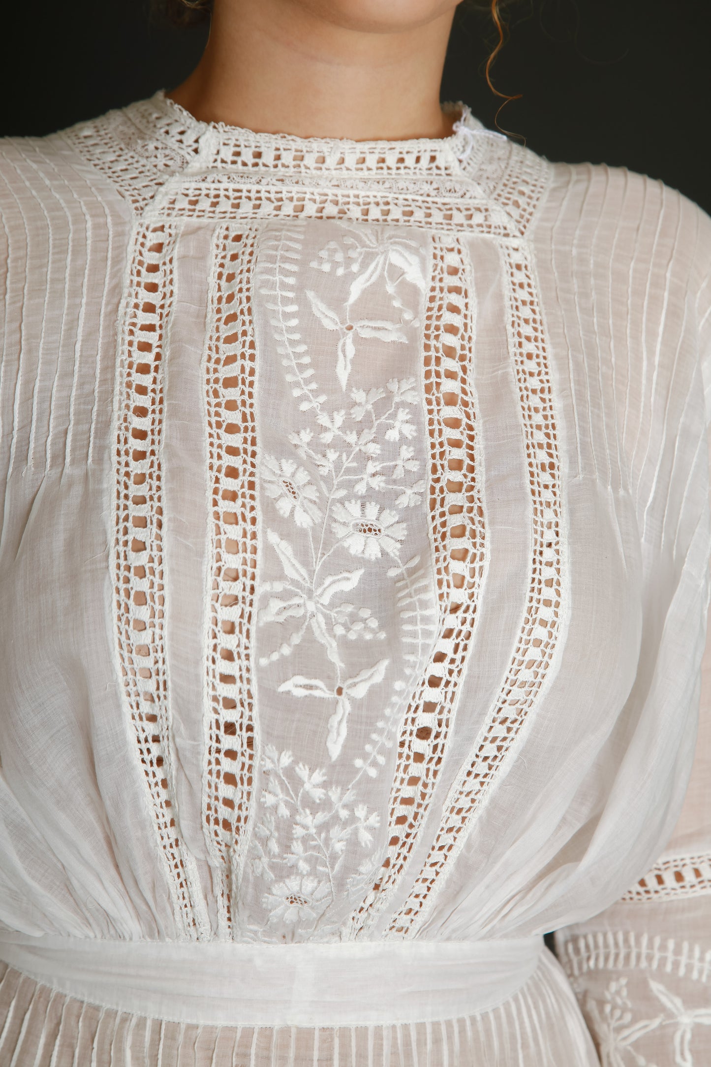 1910 Edwardian Long Lawn Dress with Floral Embroidery