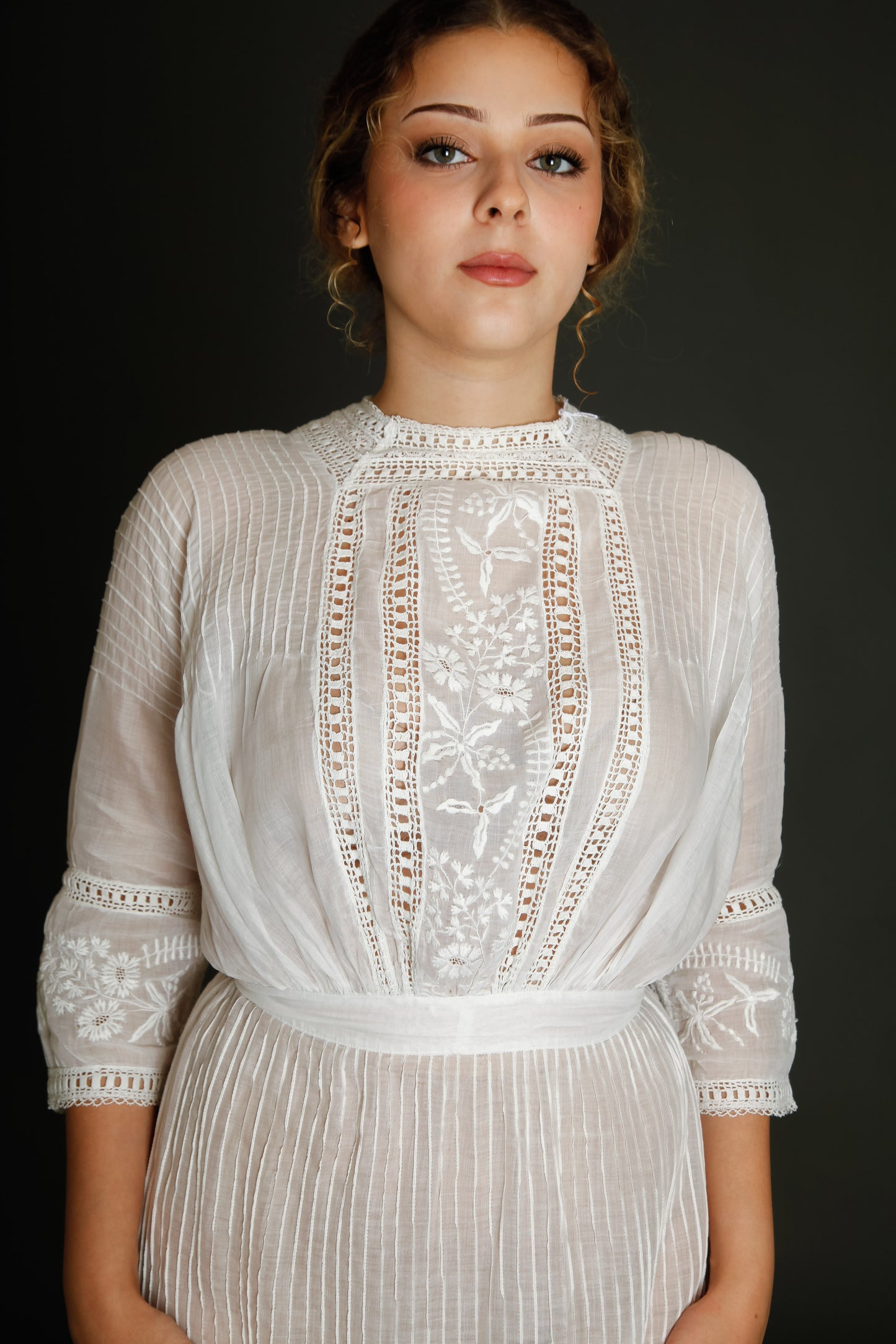 1910 Edwardian Long Lawn Dress with Floral Embroidery
