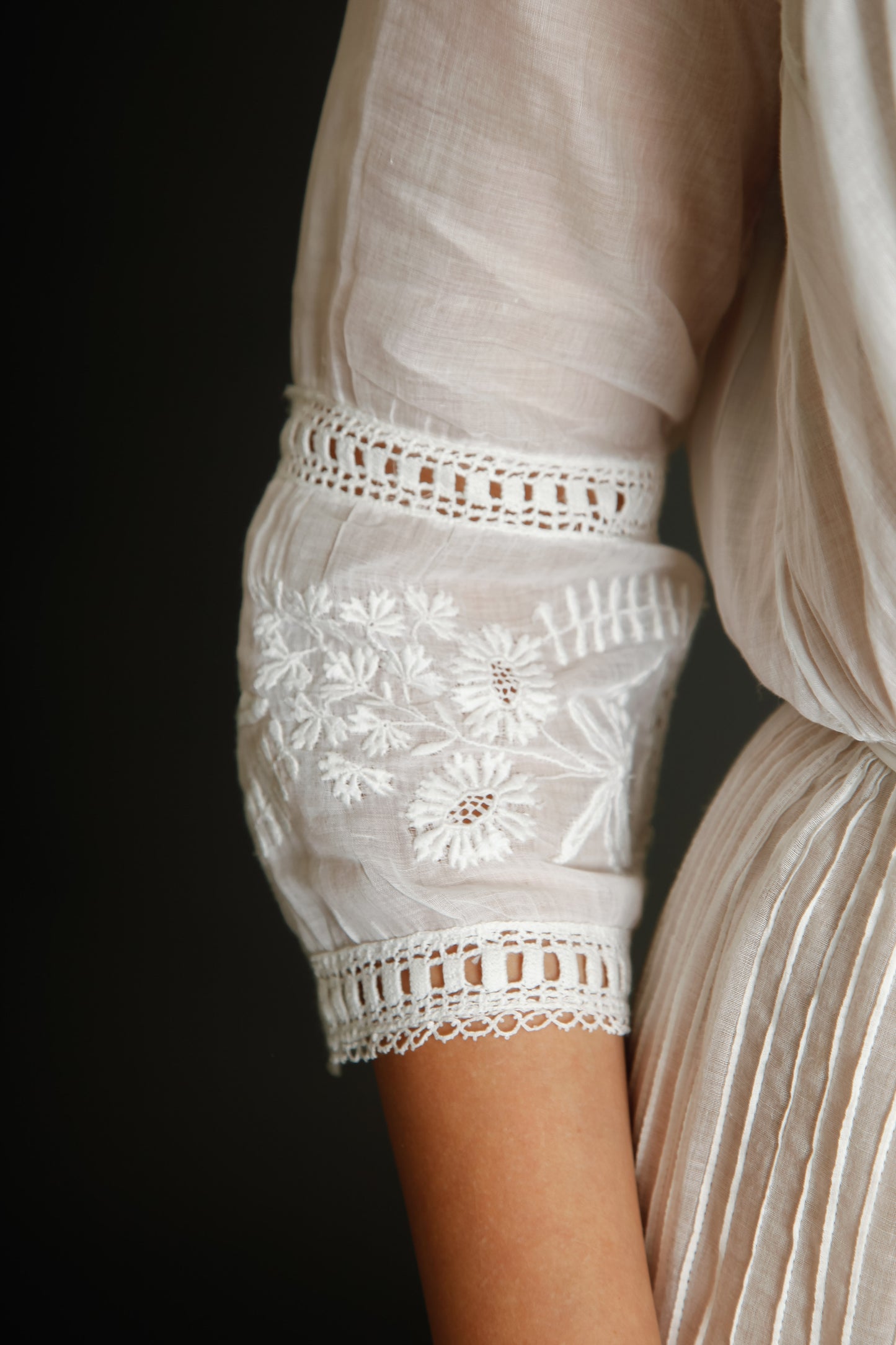1910 Edwardian Long Lawn Dress with Floral Embroidery