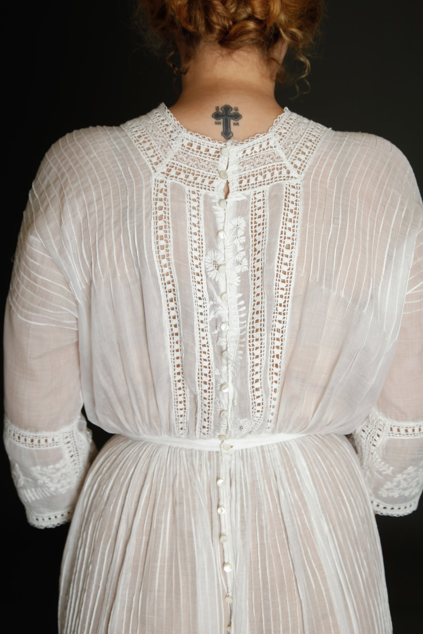 1910 Edwardian Long Lawn Dress with Floral Embroidery